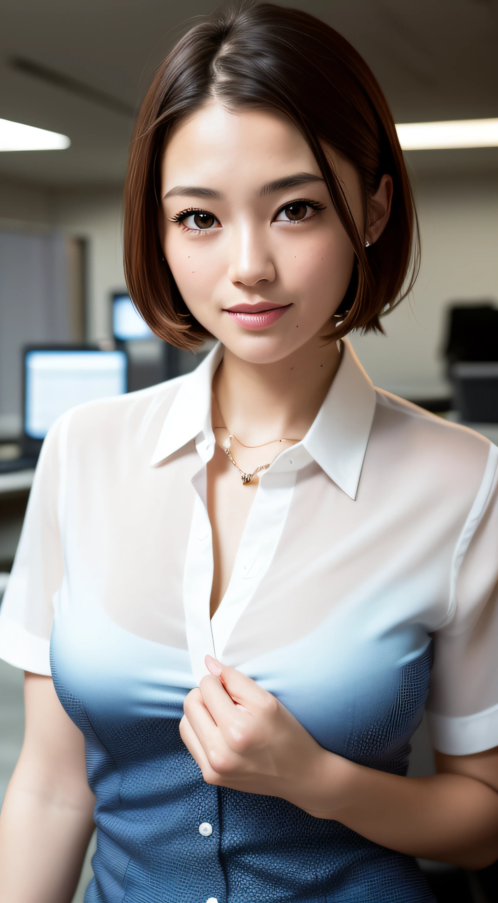 (8K, Top Quality, Masterpiece: 1.2), (Realistic, Photorealistic: 1.37), Super Detailed, 1 Girl, Cute, Solo, Beautiful Detailed Sky, Detailed Office, Night, Sitting, (Blushing Nasal), (Smile: 1.15), (Mouth Closed), Medium Breast, Beautiful Detailed Eyes, (Shirt with Collar: 1.1), Night, Wet, Business Clothes, Rain, (Short Hair: 1.2), pureerosface_v1, computer, detailed fingers, beautiful detail face, cleavage, Japan actress, 50 years old, nasolabial folds,