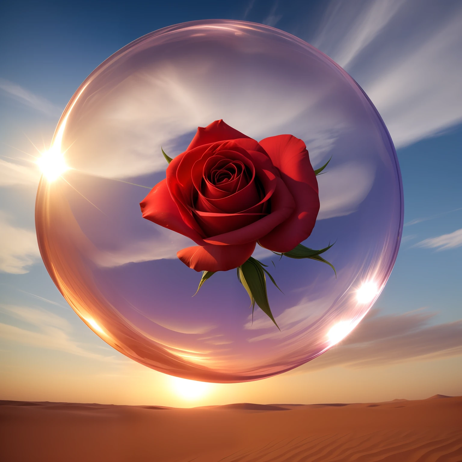 Soap bubble floating, inside the bubble, in the center of the bubble, the image of a red rose, pink occupies 30% of the size of the bubble, bubble floats over the desert, sky with clouds reflecting rays of sun, savior style from there --auto
