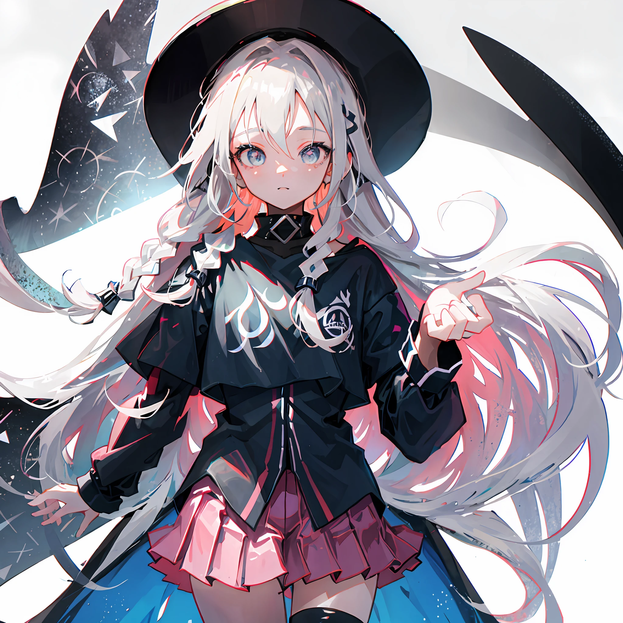Two-dimensional, girly, tactical style, long white hair, white eyes