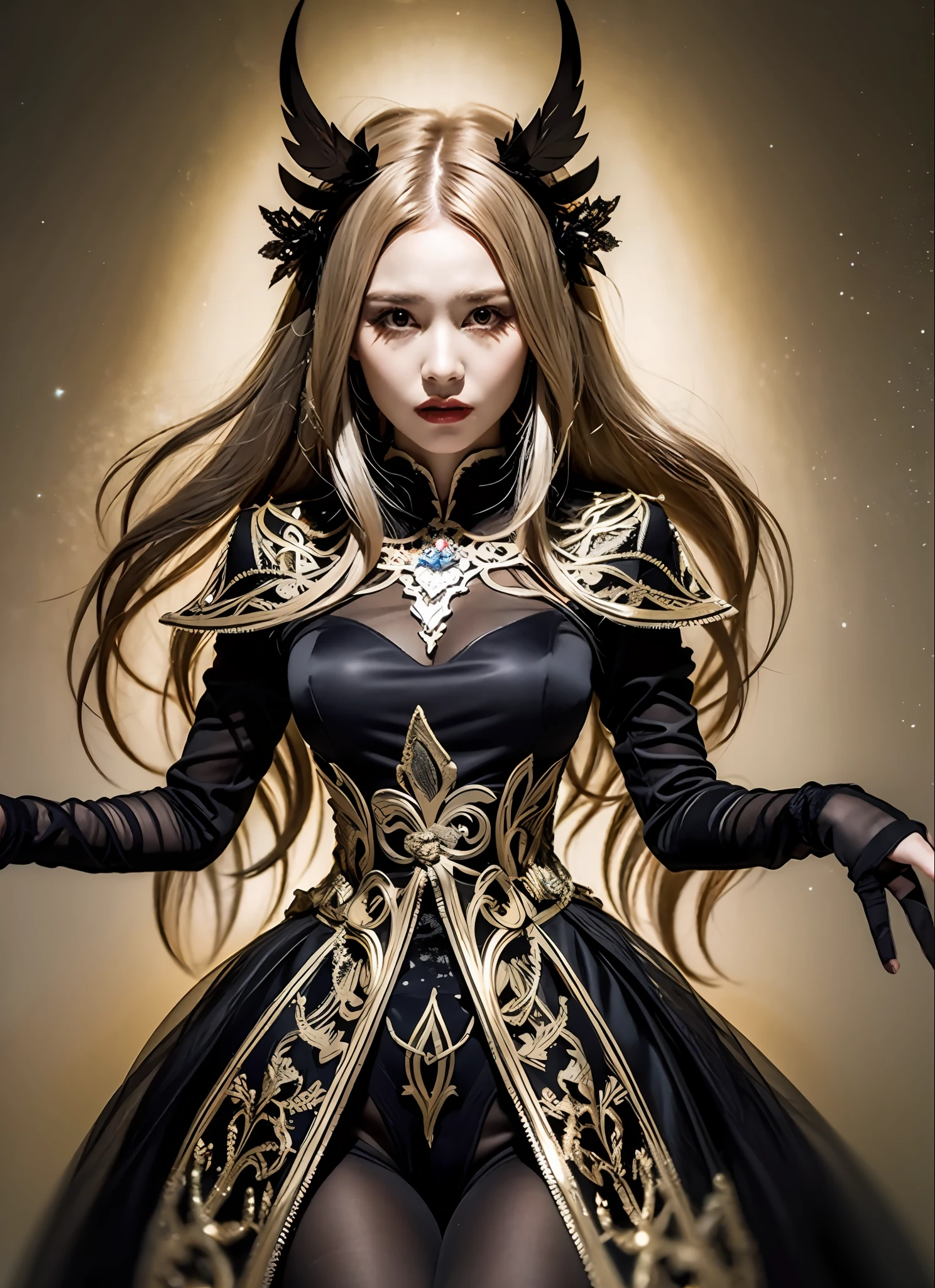 Generate a work of women with high quality, beige-centered dark and mad worldview with strong fantasy elements. She has a creepy and charming figure, dressed in a full-body beige fashion style. The background is a fantastic fantasy world, where magical lights dance, strange creatures and magical plants are present. Her figure is mysterious, with a dark and mad vibe in harmony with the essence of fantasy. The effects of light and shadow are skillfully expressed, and the details, faces and expressions of the beige costumes are meticulously drawn, further emphasizing the fantasy element. The overall atmosphere is mysterious and enchanting, yet it has its own artistic touch. The work is vividly projected in blacks and dark tones, evoking visual stimuli and aesthetics, and giving the viewer an interest and mysterious charm. We create high-quality works that weave fantasy elements into a dark and mad worldview.