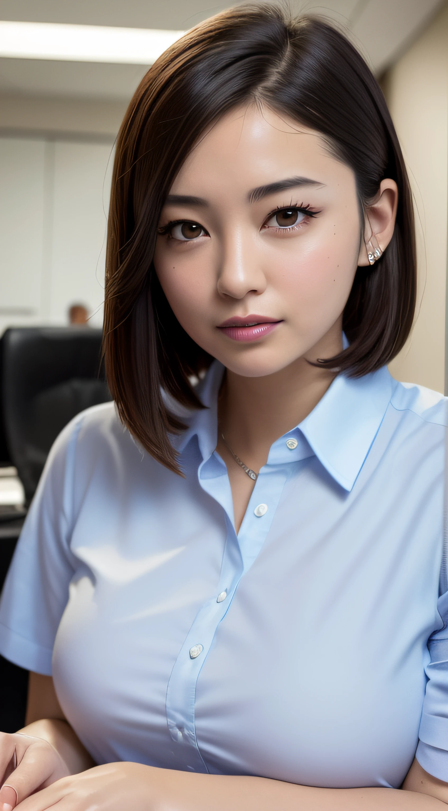 (8K, Top Quality, Masterpiece: 1.2), (Realistic, Photorealistic: 1.37), Super Detailed, 1 Girl, Cute, Solo, Beautiful Detailed Sky, Detailed Office, Night, Sitting, (Blushing Nasal), (Smile: 1.15), (Mouth Closed), Medium Breast, Beautiful Detailed Eyes, (Shirt with Collar: 1.1), Night, Wet, Business Clothes, Rain, (Short Hair: 1.2), pureerosface_v1, computer, detailed fingers, beautiful detail face, cleavage, Japan actress, 50 years old, nasolabial folds,