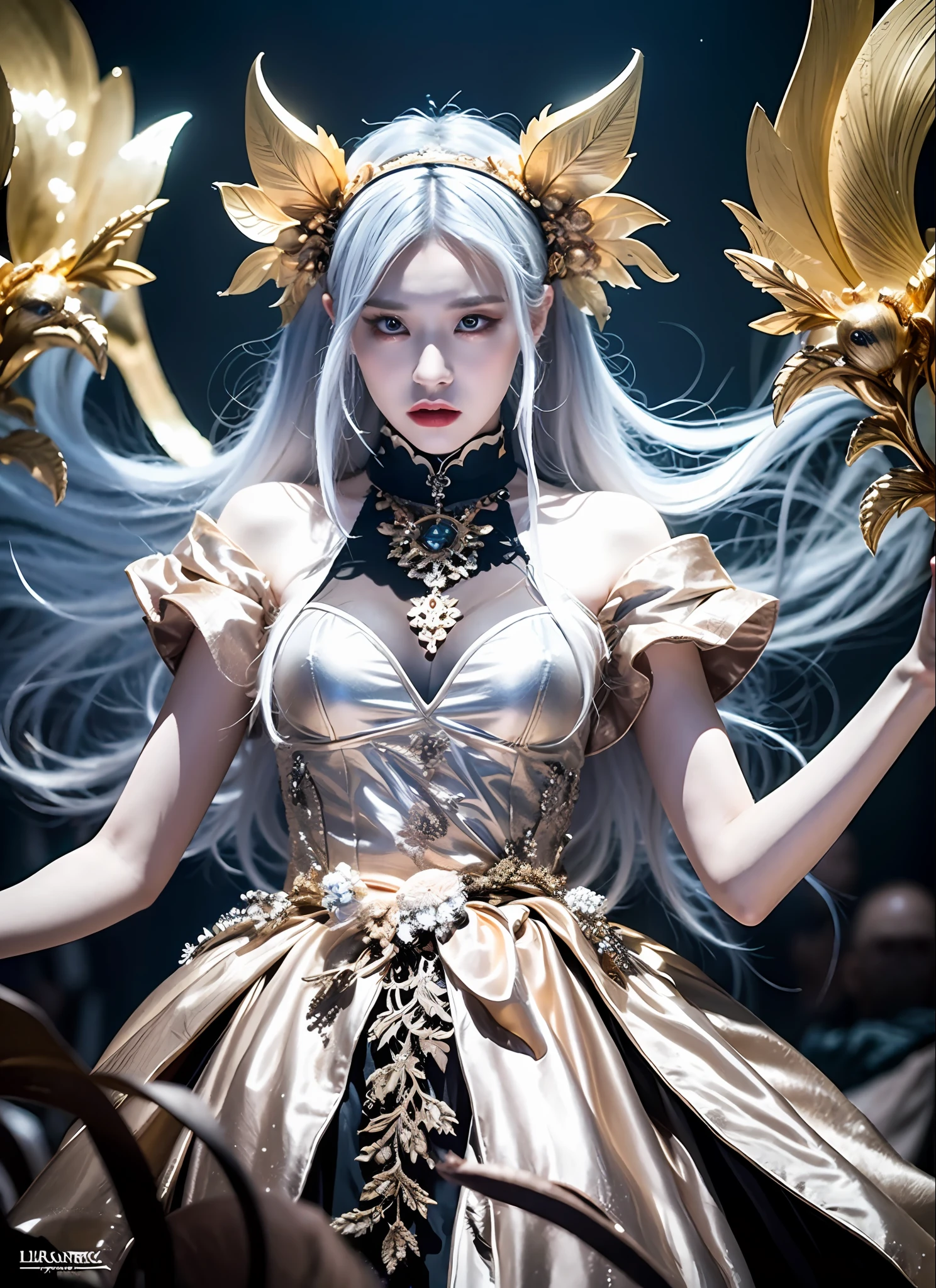 Generate works of women with high quality, dark and mad worlds centered on white with strong fantasy elements. She has an eerie and charming figure and is dressed in a full-body white fashion style. The background is a fantastic fantasy world, where magical lights dance, strange creatures and magical plants are present. Her figure is mysterious, with a dark and mad vibe in harmony with the essence of fantasy. The effects of light and shadow are skillfully expressed, and the details, faces and expressions of the white costumes are meticulously drawn, further emphasizing the fantasy elements. The overall atmosphere is mysterious and enchanting, yet it has its own artistic touch. The work is vividly projected in blacks and dark tones, evoking visual stimuli and aesthetics, and giving the viewer an interest and mysterious charm. We create high-quality works that weave fantasy elements into a dark and mad worldview.