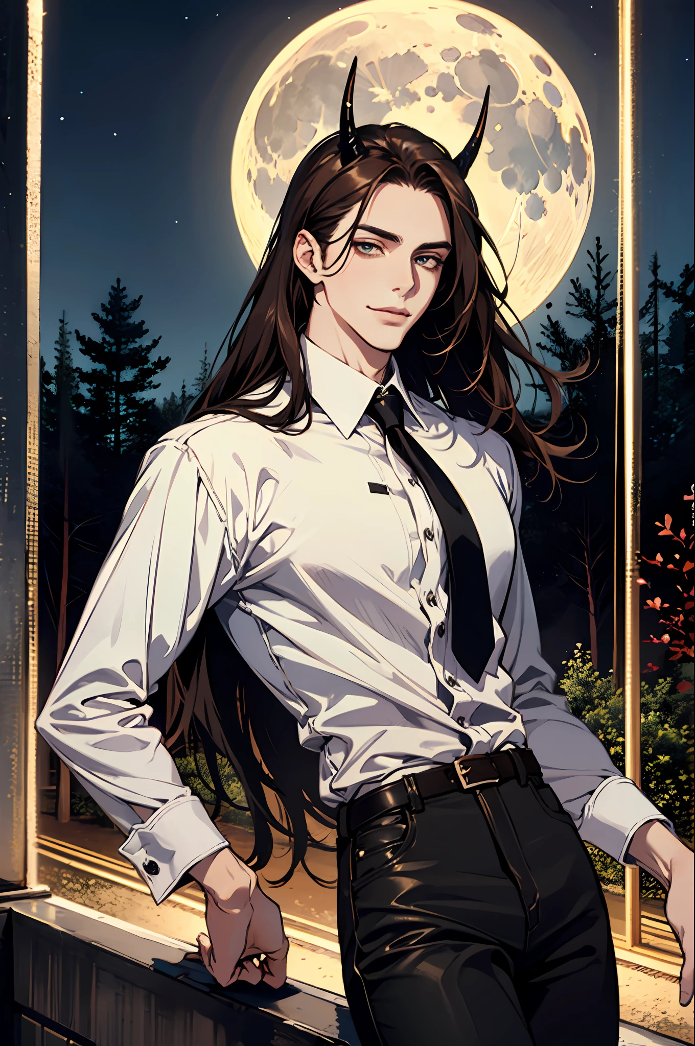 (absurdres, highres, ultra detailed), 1man, 30 years old man, adult man, handsome, tall,, finely detailed eyes and detailed face, black leather pants, white shirt, night, smile, dutch angle, ((long hair, brown hair)), horns, moon, forest, bad boy, gothic, dark, looking at the view, pale skin, green detailed eyes, eyeliner, (masculine), sexy, smirk, seductive, slightly muscular, very attractive, flirtatious, mature, ((adult mature face)), medium large shoot, (MLS), conceited, egocentric