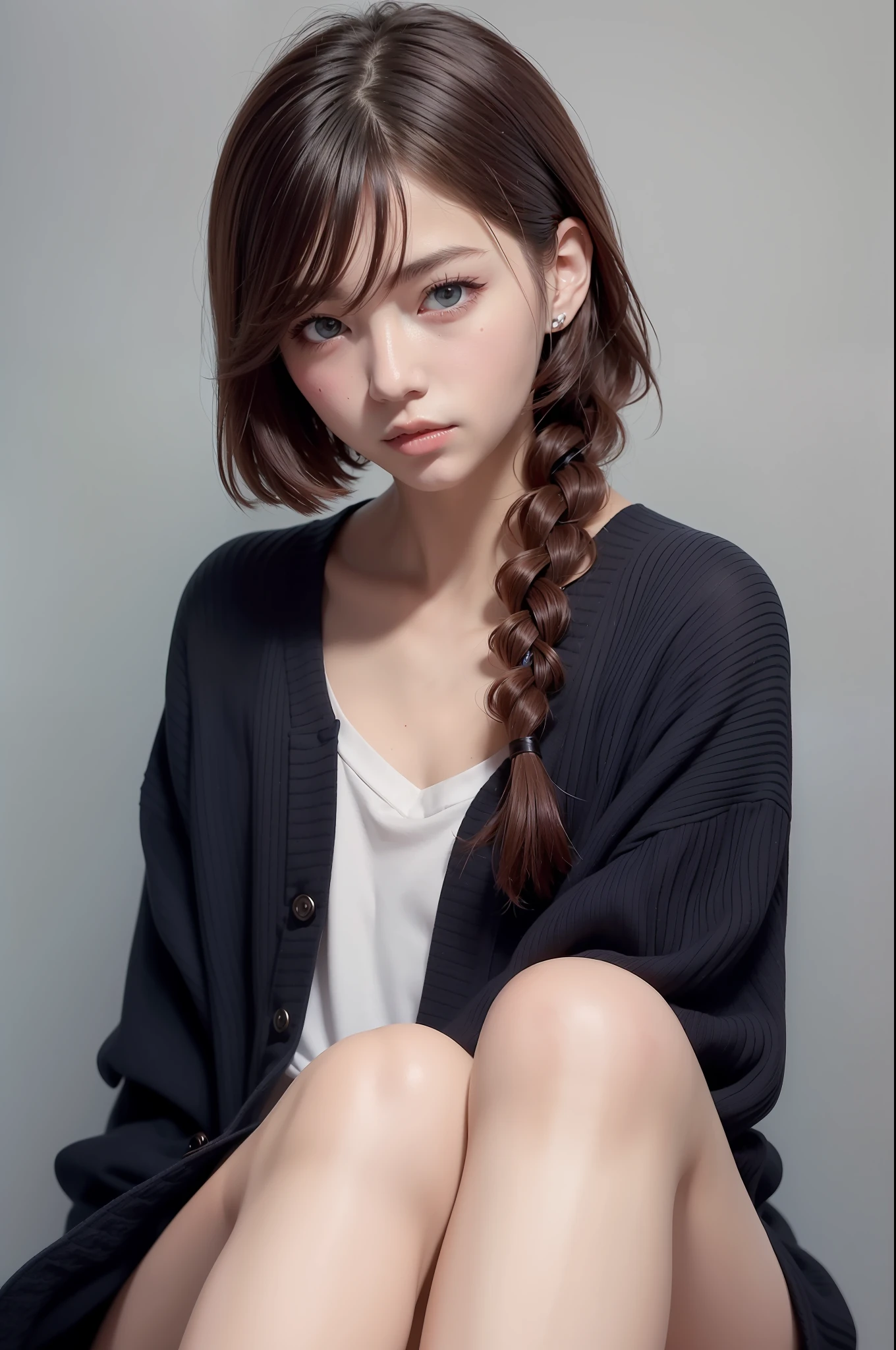 one person、1boy、Expressionless 、closed mouth、 medium hair、masterpiece、delicate composition、｛｛｛solo｝｝}、cross dresser、French braid 、red eyes、 red hair、 complex details beautiful and delicate eyes, high detail、