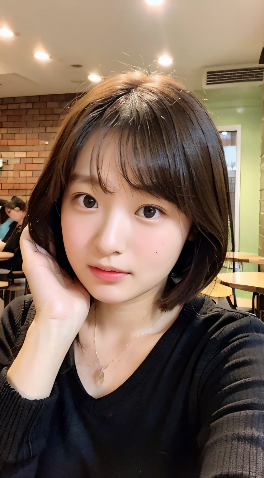 Junior high school student with too big, studying in a café, , super breasts, drooping milk, soft, sweat, short hair, knitted V neck