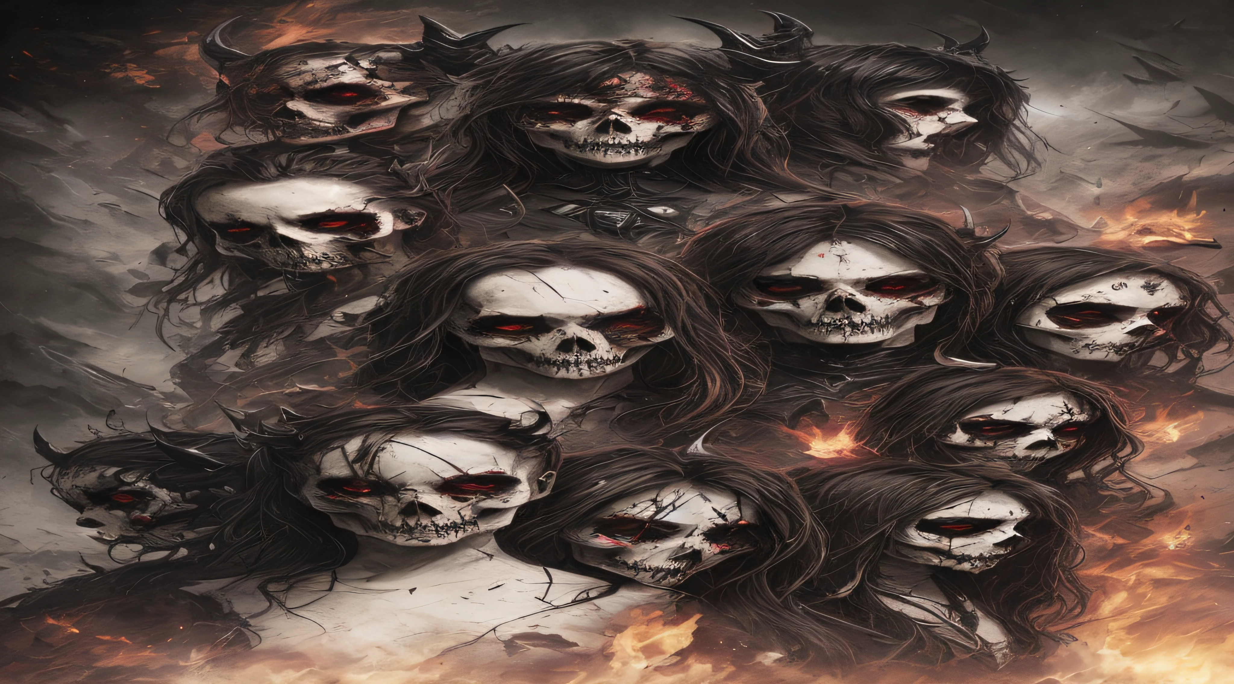 a close up of a bunch of demonic skulls with fire coming out of them, adorned with demon skulls, detailed 4k horror artwork, dark fantasy horror art, with a crown of skulls, dark fantasy style art, in style of dark fantasy art, dark fantasy artwork, dark fantasy art, fantasy horror art, horror fantasy art, detailed cover artwork, skulls around