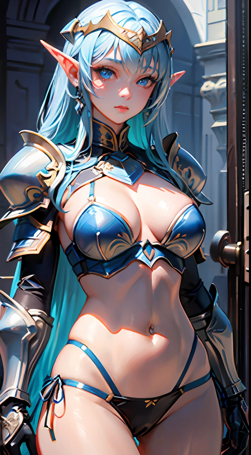 a close up of a woman in a blue and white costume, bikini armor female knight, bikini armour, bikini-armor, ornate bikini armor, bikini armor, beautiful dark elf countess, pvc armor, dark elf princess, dark sorceress full view, blue armor, metal bikini, dragon inspired blue armor, stunning armor, shiny plastic armor, dark blue leather armor