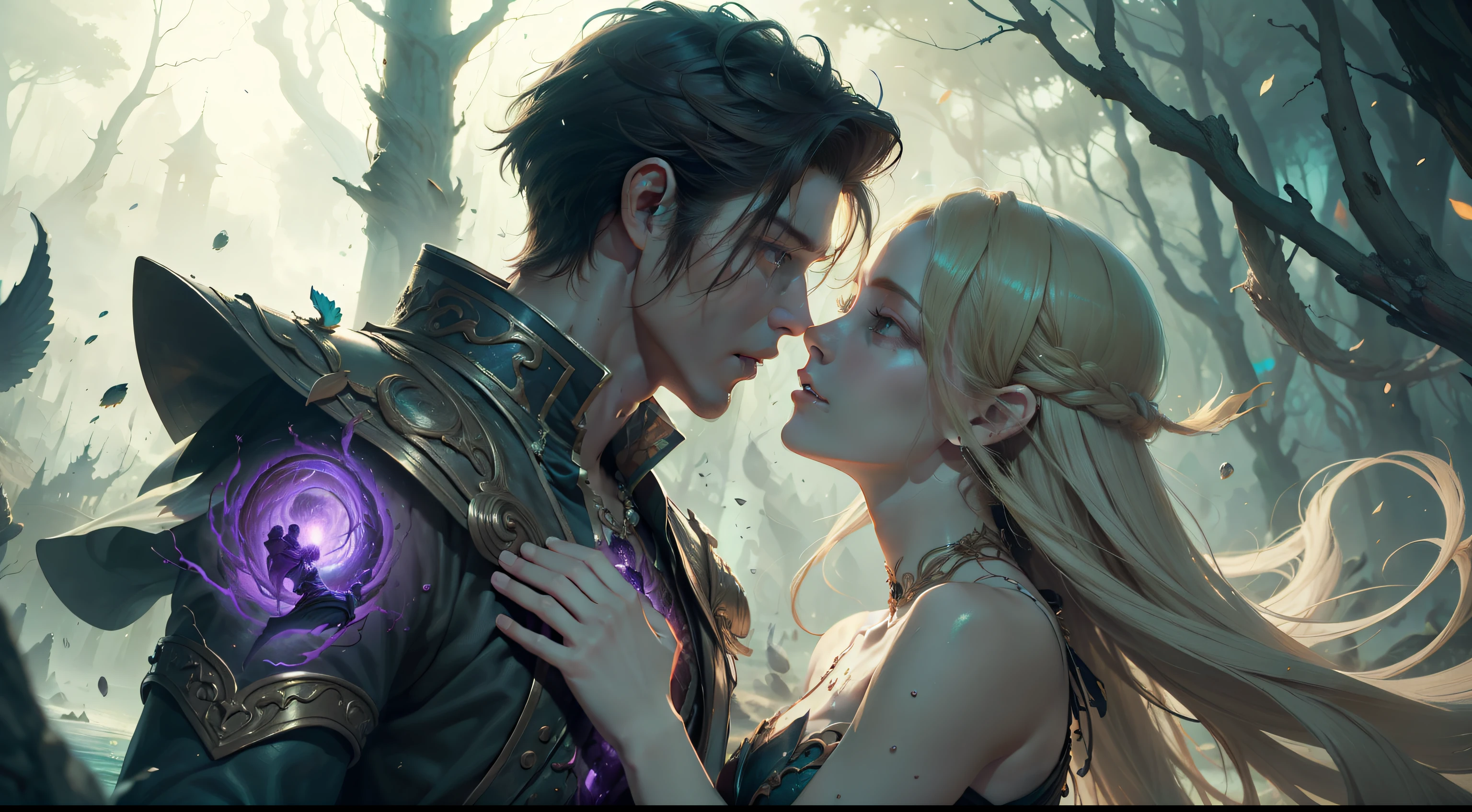 Multi-person interaction, intimate couple, beautiful composition, gorgeous underwater light, "1boy, (Sousuke Aozen), close-up, badass pose, bleach, powerful aura, purple aura", HD, unparalleled masterpiece, dynamic lighting, movie, epic, and "1girl, (dynamic pose), confident powerful mysterious smile, beautiful blonde, (perfect facial features)", (Enchanted Forest: 1.3), (Magic Glow: 1.2), Elegant Atmosphere, (Secluded Beach: 0.8), (Seashell: 0.9), (Flawless Skin: 1.2), breathtaking details. (Masterpiece, best quality: 1.2),