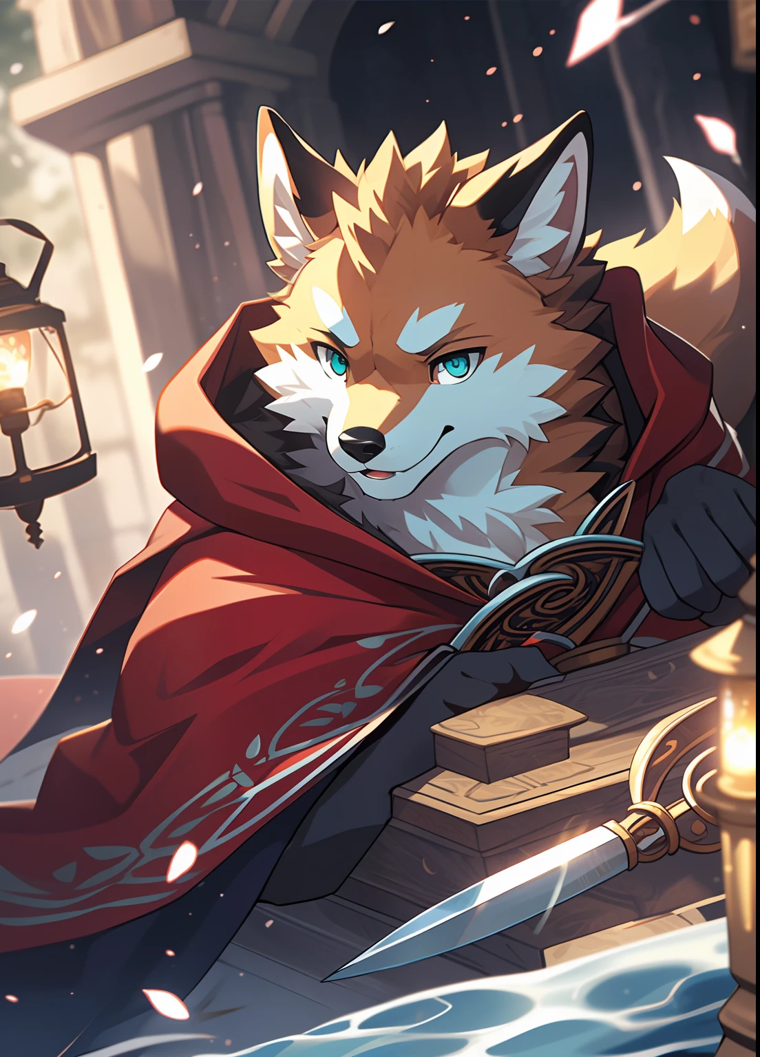 Masterpiece, official art, furry, masculine, anthropomorphic fox, delicate face, cyan eyes, red cloak, kerosene lamp, sickle: 1.2, depth of field, perfect lighting, light particles, (best quality), (masterpiece), (hyperdetail), sharp focus, light particles