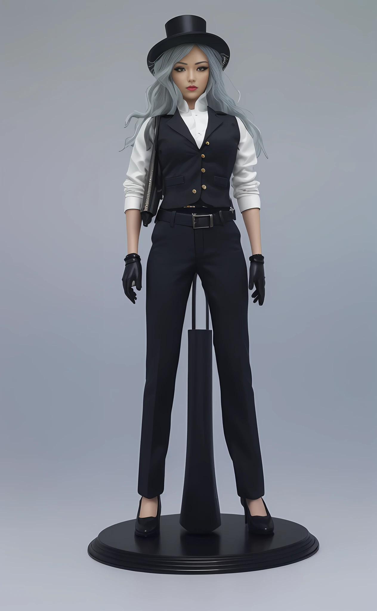 There is a woman in a black suit and a black top hat with a gun, busty breasts, detailed images, mechanical punk costume, suit vest and top hat and gloves, full body 1/6 Nihei Tsutomu, very detailed and rich costumes, costumes, detailed pictures, detective costumes, women's costumes, detail textures, very detailed and high quality, (highly detailed figures)