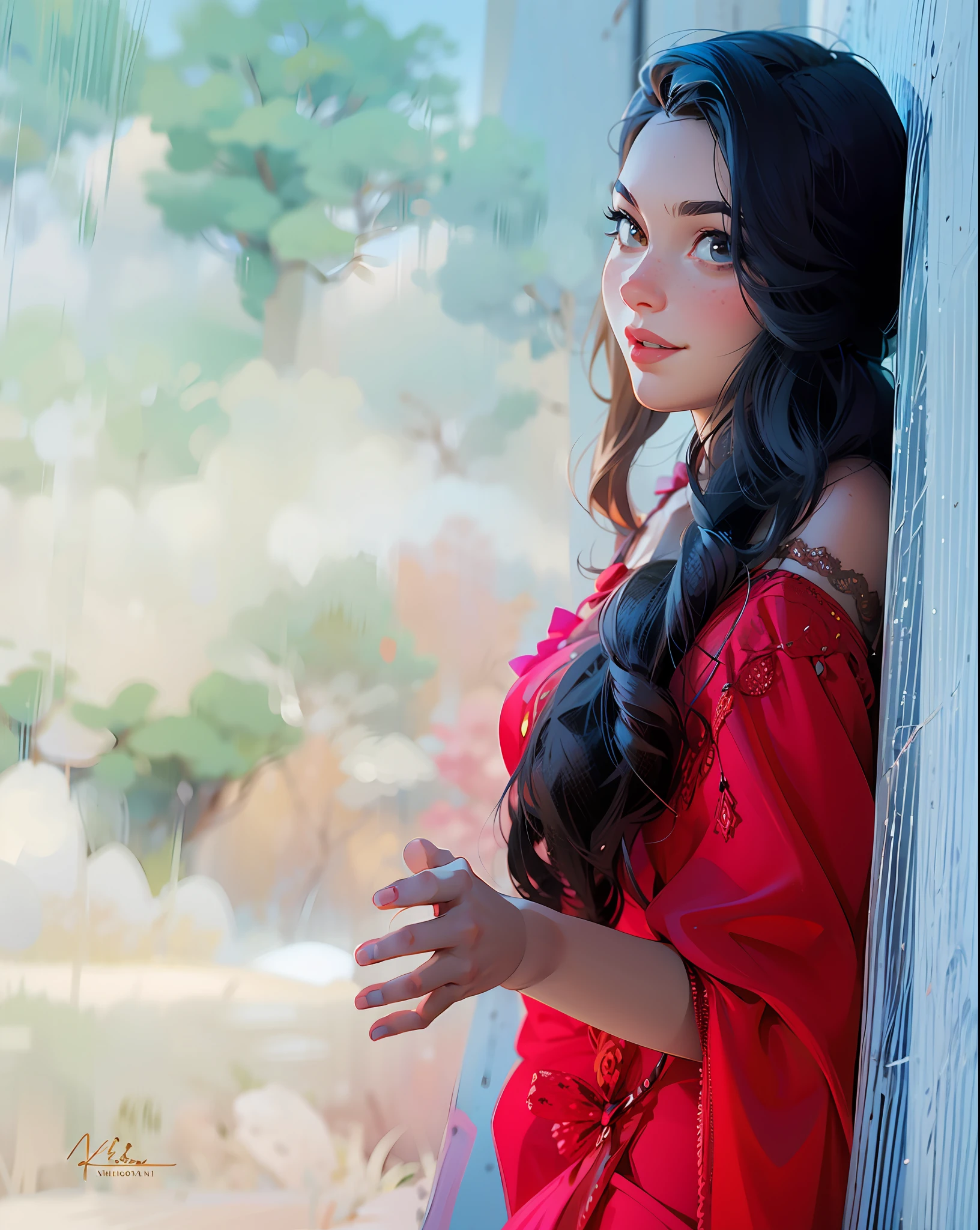 a hyper-realistic portrait of a young woman, under a tree, inside a forest, in the middle of nature, 22 years old, realistic, (lying on her side), sexy, (huge breasts 2:1), short brown hair, (hair tied with bows), curved, SFW