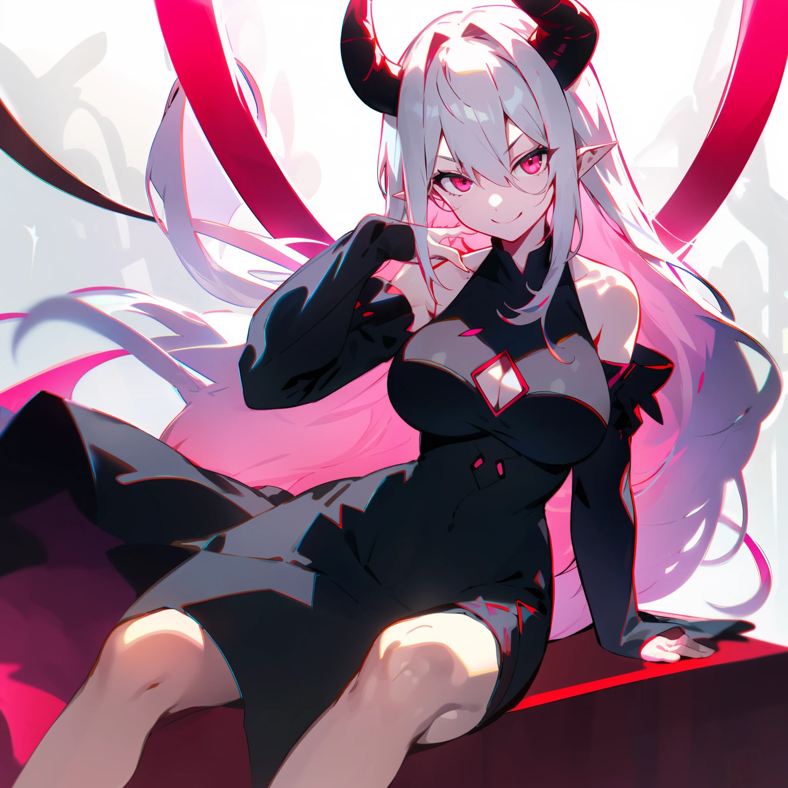 1girl, solo, long_hair, breasts, looking_at_viewer, evil smile, bangs, large_breasts, dress, hair_between_eyes, bare_shoulders, sitting, white_hair, detached_sleeves, horns, pointy_ears, pink_eyes, black_dress, strapless_dress, crossed_bangs, black_horns