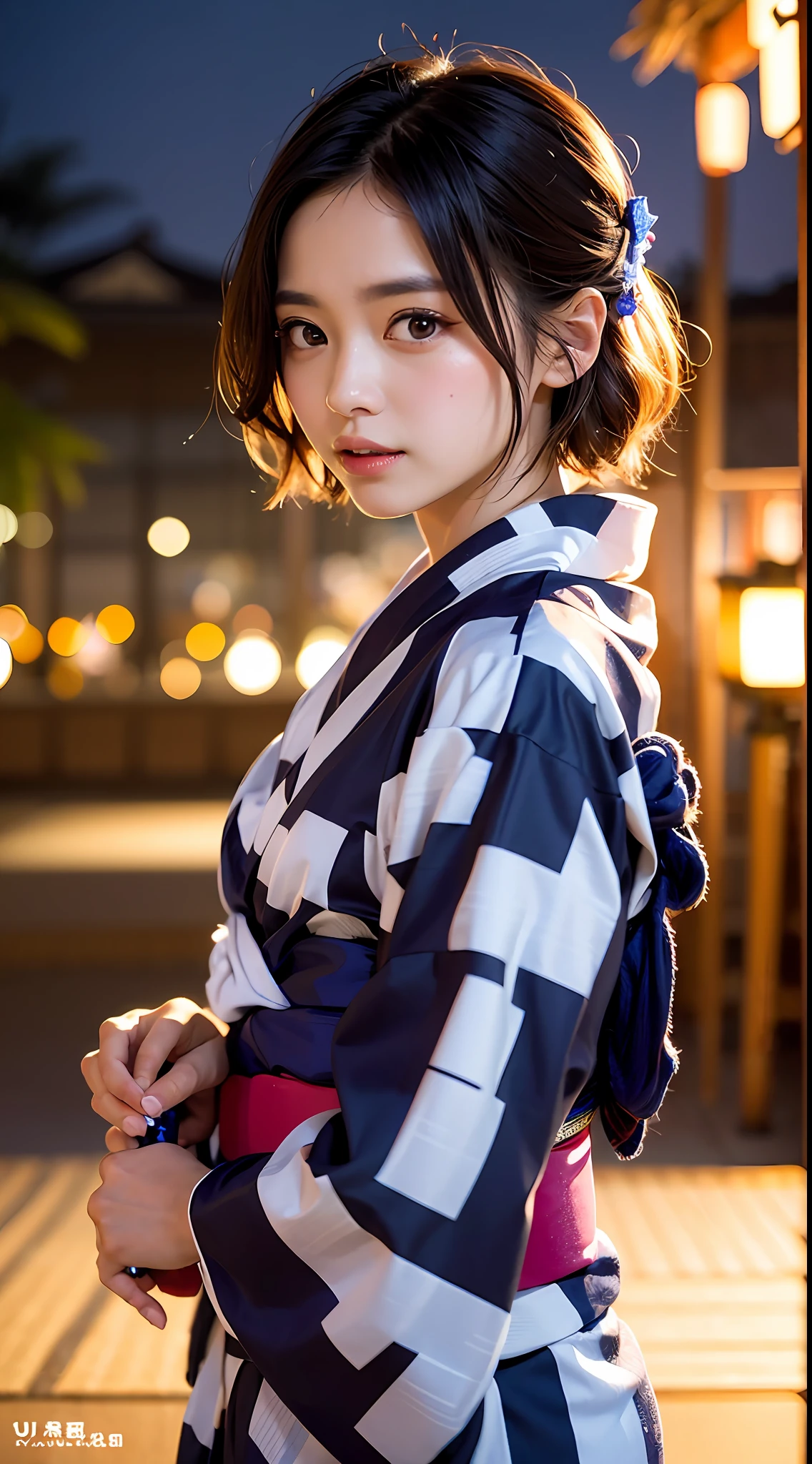 (Yukata:1.5), Close-up, Masterpiece, Best Quality, Raw photo, Photorealistic, Face, Incredibly absurd, Beautiful girl, Cute, Short hair, Depth of field, High Resolution, Ultra detail, Fine detail, Very detailed, Very detailed eyes and face, Sharp pupils, Realistic pupils, Sharp focus, Cinematic lighting, fireworks venue, night