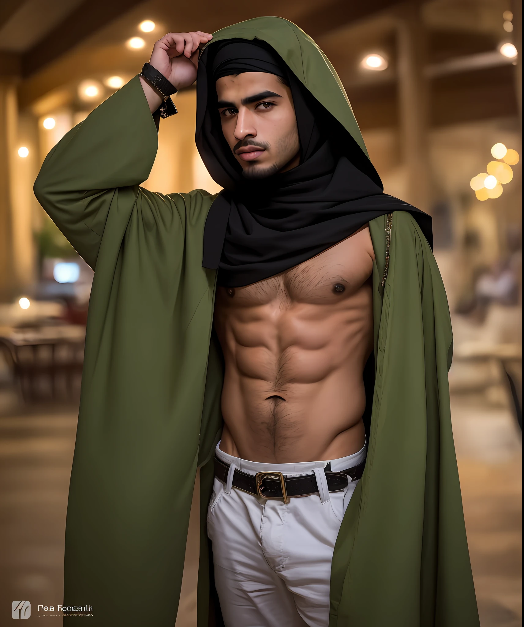 Hieronymus Bosch style, masterpiece, best quality,
Full body portrait of a handsome muscular arabic 21 year old man,
((backround defocused)):1.4, (depth of field):1.4