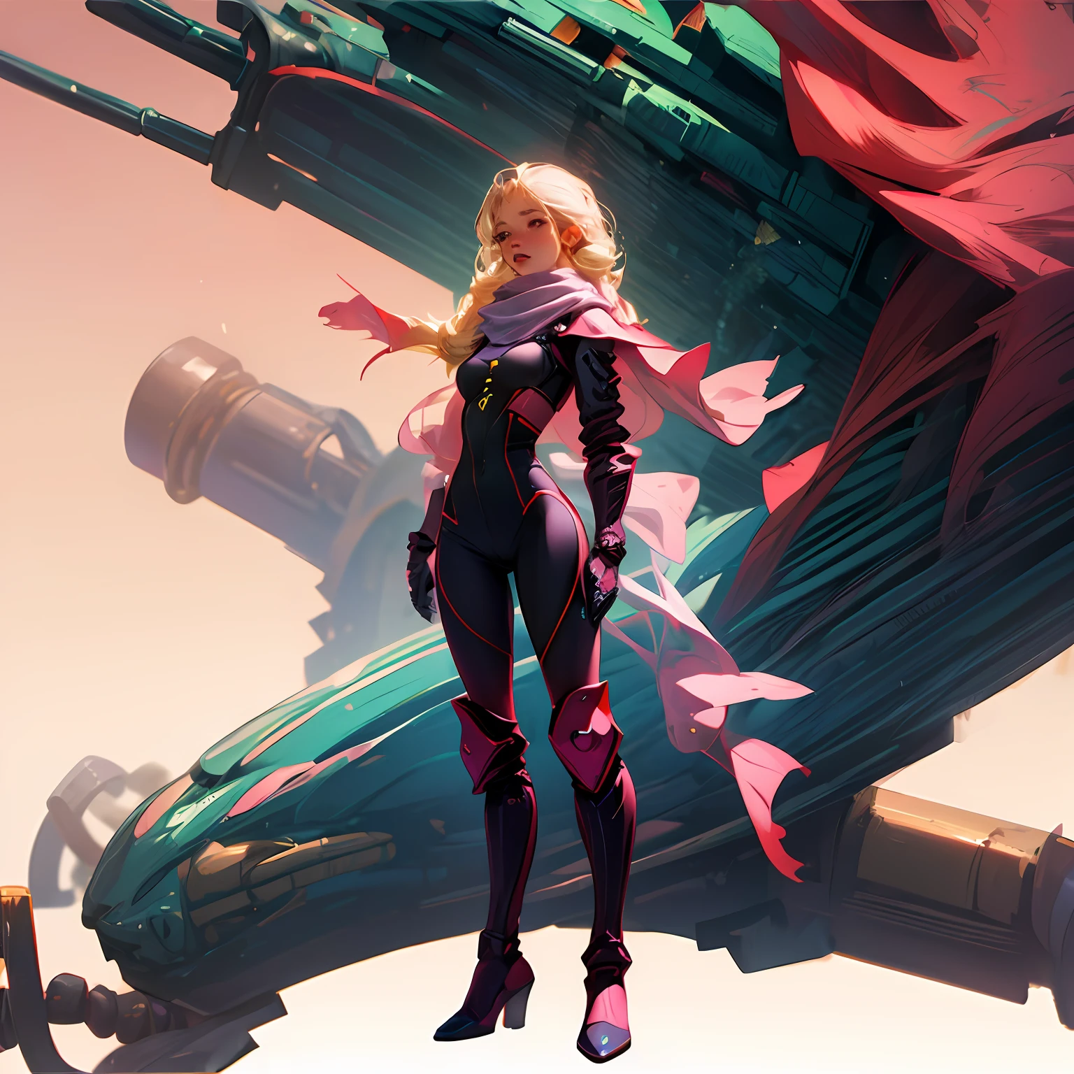 masterpiece, best quality, 1girl, bodysuit, full body , long hair, blonde hair, mechanical arms, medium breasts, pink scarf, science fiction, solo, standing, simple background --auto