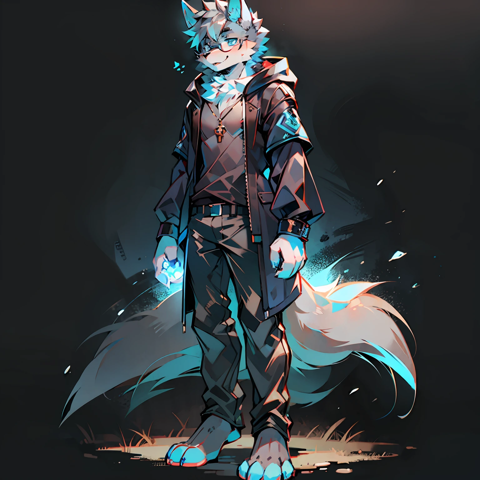 Single, furry male, furry, werewolf, canine, full-body, dark fur, black-gray fur, blue eyes, wearing glasses, blue runes, mage, black coat, short sleeves, long pants, short hair, standing