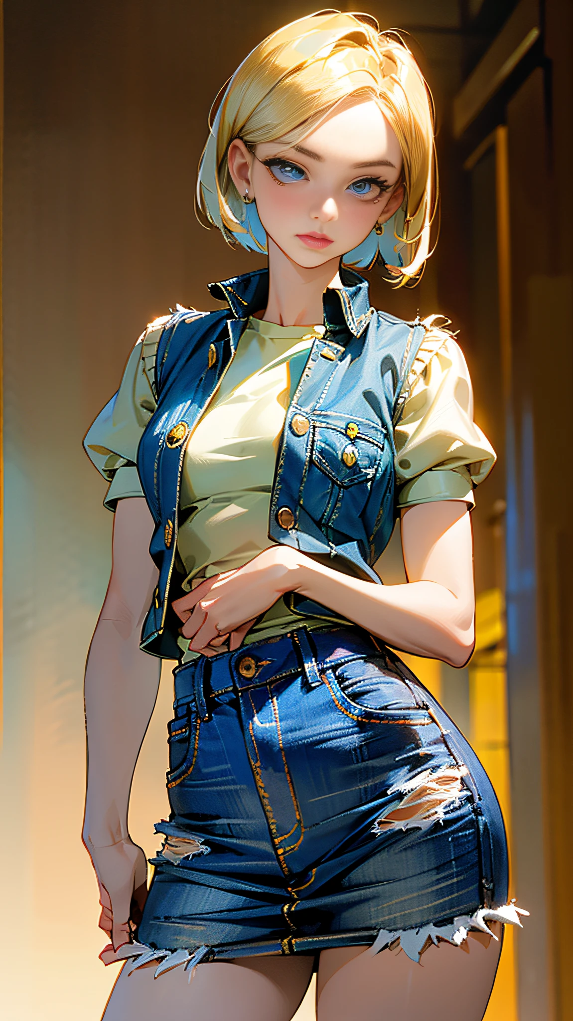 Blonde woman, short hair, blue eyes, sculptural body, denim jacket, short blue skirt, black pantyhose, brown boots very blue eyes, anime android number 18 dragon ball z, sexy --auto