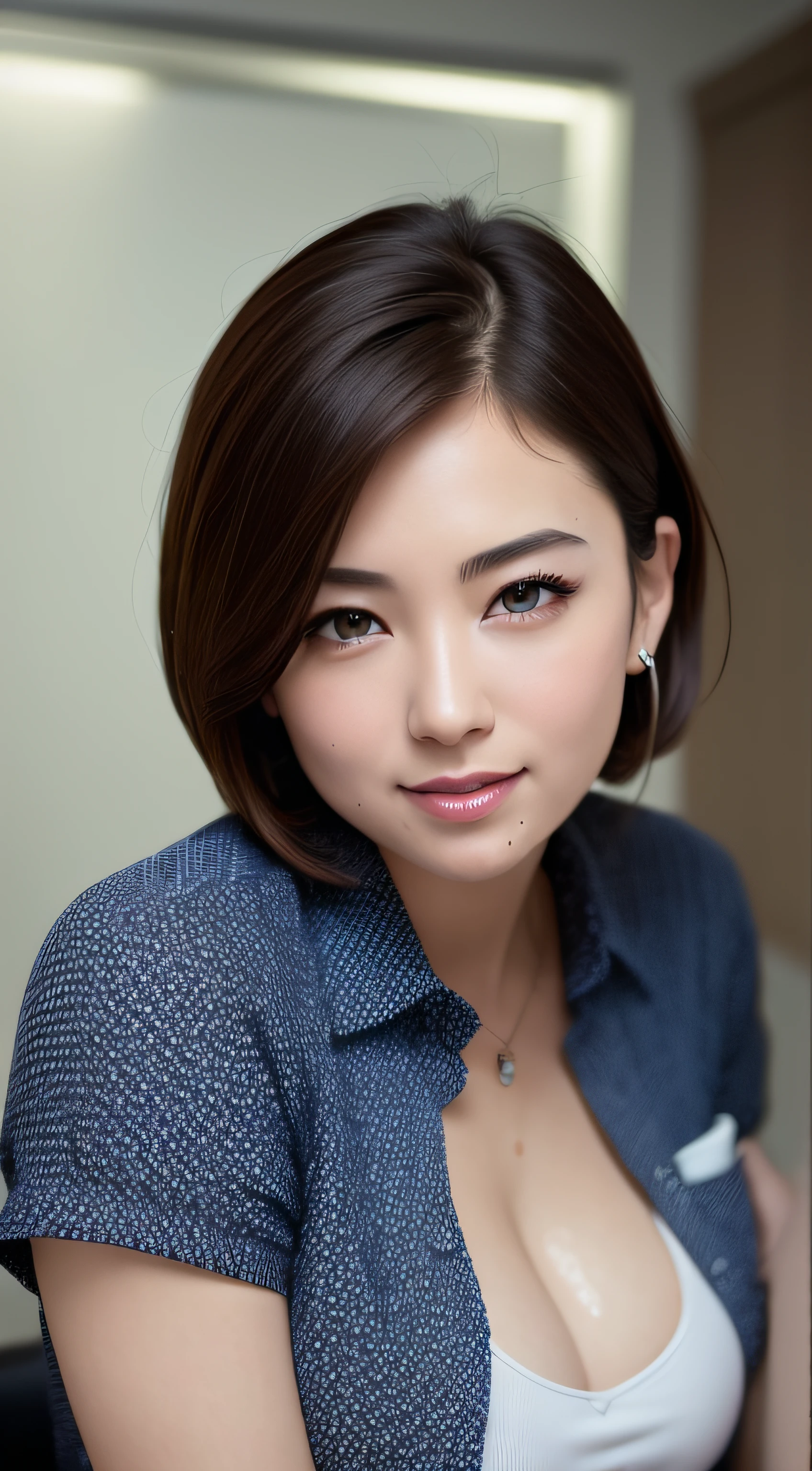 (8K, Top Quality, Masterpiece: 1.2), (Realistic, Photorealistic: 1.37), Super Detailed, 1 Girl, Cute, Solo, Beautiful Detailed Sky, Detailed Office, Night, Sitting, (Blushing Nasal), (Smile: 1.15), (Mouth Closed), Medium Breast, Beautiful Detailed Eyes, (Shirt with Collar: 1.1), Night, Wet, Business Clothes, Rain, (Short Hair: 1.2), pureerosface_v1, computer, detailed fingers, beautiful detail face, cleavage, Japan actress, 50 years old, nasolabial folds, facial wrinkles,