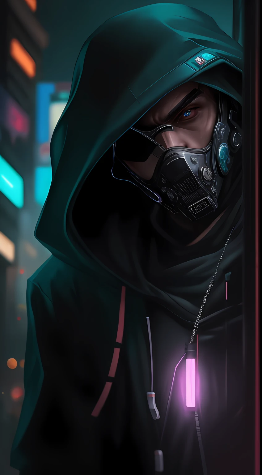 Hooded man, face mask, neon ring in background, cyberpunk art style, cyberpunk style, cyberpunk style, cyberpunk character, hyper-realistic cyberpunk style, cyberpunk color, powerful lighting, motion synchronization, dynamism, charged energy, hot action