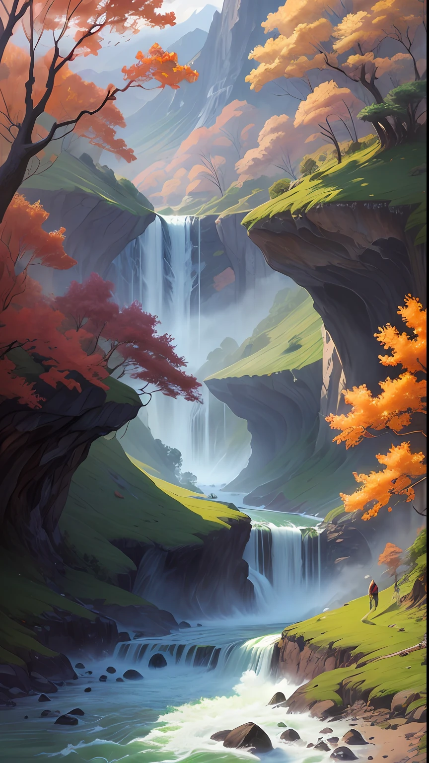 True, beautiful and amazing landscape oil paintings, mountain waterfalls, rushing clear water, Miyazaki landscape paintings like Studio Ghibli movies
