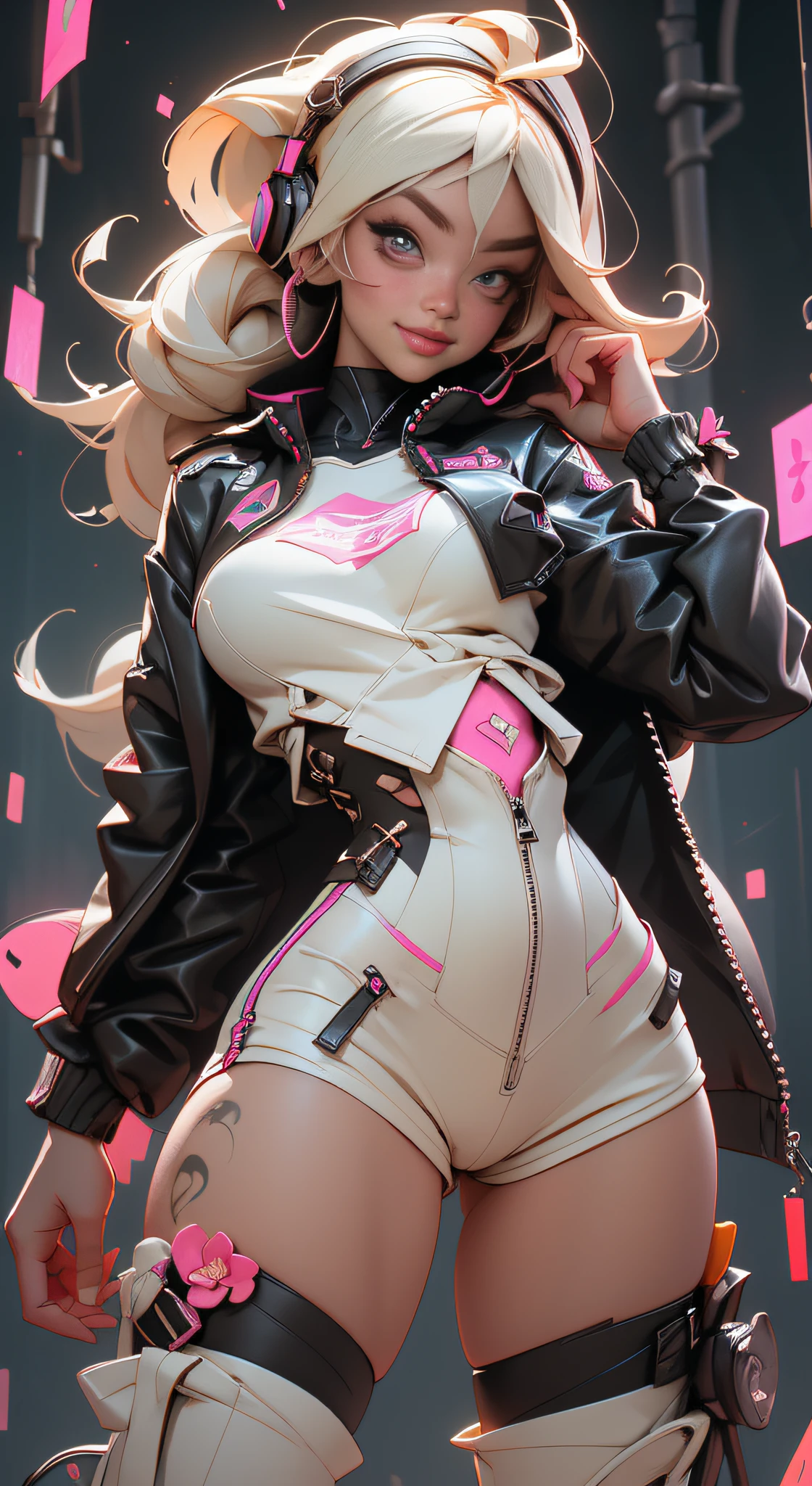 (Best Quality), (Masterpiece), (Realistic) and Super Detailed Photos Cute 1 nerd girl wearing futuristic neon headphones, she has a (fluffy white dirty braided hairstyle), wearing a leather (unbuttoned) pink racing jacket bare on top, leather tight shorts that exude ((beautiful and beautiful)) vibe, ((huge open erect breasts)), (erect slippery), open chest, open belly, sexy figure, delicate pupils and iris of the eyes, long eyelashes, Embarrassed and smiling,
