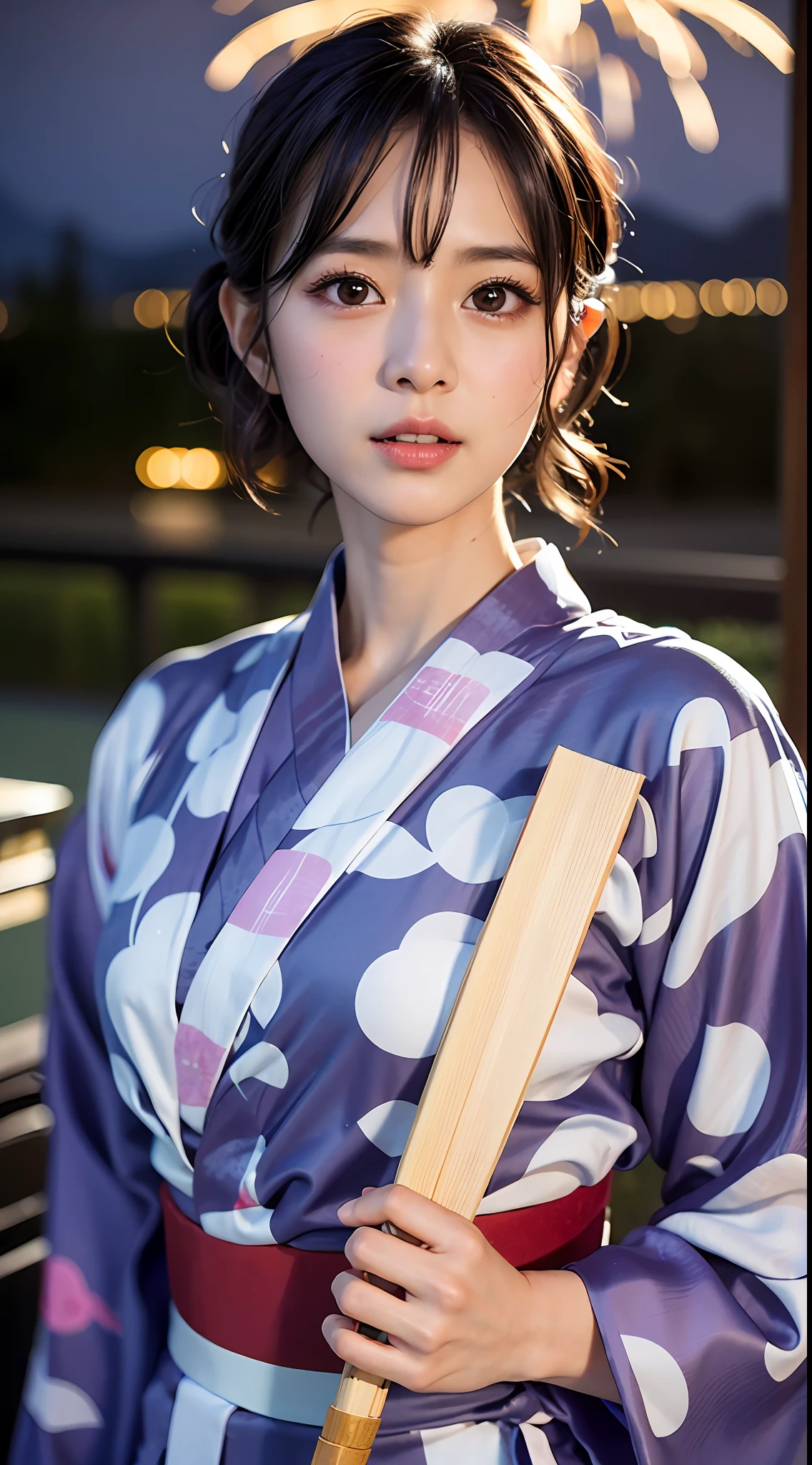 (Yukata:1.5), Close-up, Masterpiece, Best Quality, Raw photo, Photorealistic, Face, Incredibly absurd, Beautiful girl, Cute, Short hair, Depth of field, High Resolution, Ultra detail, Fine detail, Very detailed, Very detailed eyes and face, Sharp pupils, Realistic pupils, Sharp focus, Cinematic lighting, fireworks venue, night