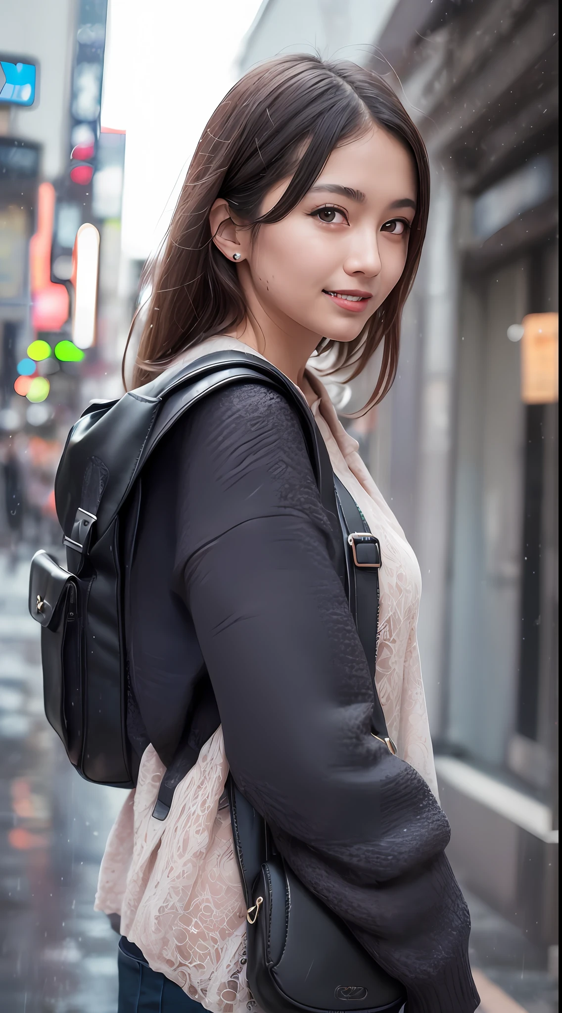 (8k, RAW photos, best quality, high resolution: 1.1), (ultra-realistic: 1.4), (realistic, photorealistic: 1.3), soft light, big girl, realistic face, realistic body, realistic skin, ponytail, absurdity, masterpiece, (cute: 1.8), cuties, solo, (large: 1.2), detailed black eyes, innocent eyes, cheeks, (one piece: 1.2), Cinema Light, Film Grain, (((Rucksack: 1.1)), Cherry Colored Lips, Close-up, Look Viewer, Upper Body, Open Lips, Upper Teeth, (Smiling Eyes: 0.6), ((grinning: 1.2)), Depth of Field, Blurred Background, Eye Focus, Bokeh, Midnight, Shinjuku, Neon Sign, Cyberpunk, Rain, 85mm Lens, f/1.4, Professional Lighting, Young, Portrait, photon mapping, radiosity, physically based rendering