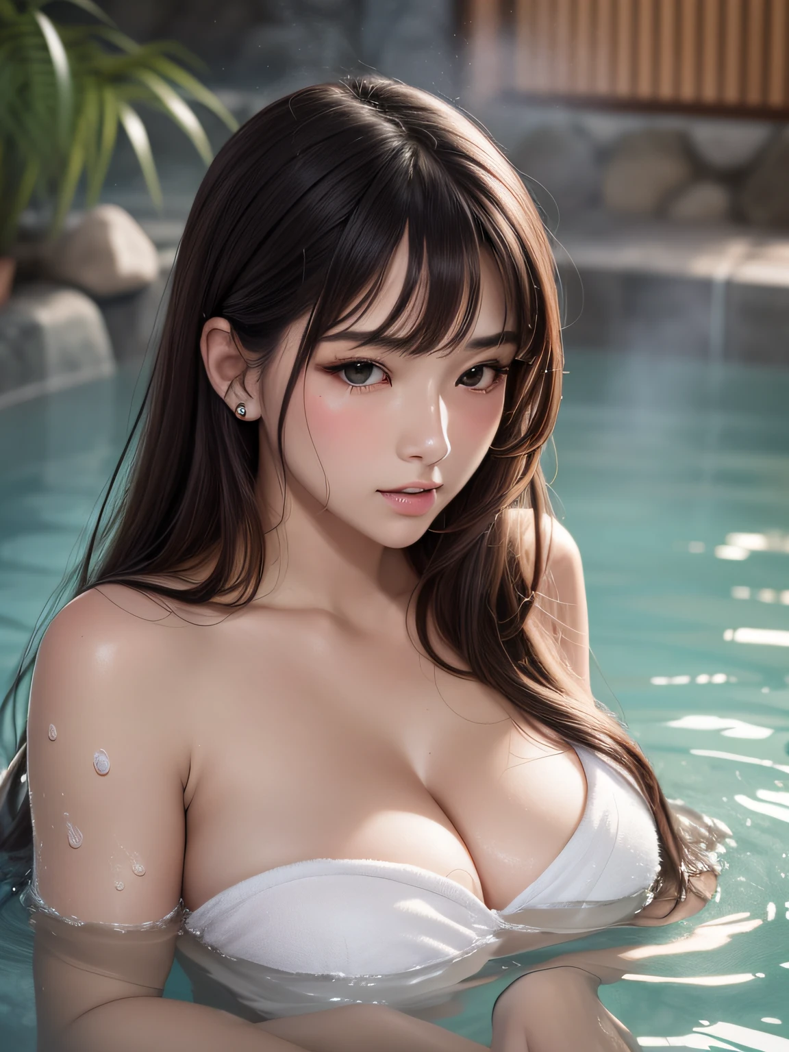 (8K), (Best Quality: 1.2), (Realistic), (Photorealistic: 1.37), Ultra High Definition, 1 Girl, Closed Mouth, Beautiful Details, Beautiful Nose in Detail, Best Image Quality, Outstanding Detail, Ultra High Resolution, Prefer Detail, Highly Condensed 1girl, Delicate and Beautiful Face, Long Hair, Tousled Hair, Japan Hot Spring, Take out of the water, Wrap your whole body tightly with a bath towel, big, blush, cleavage