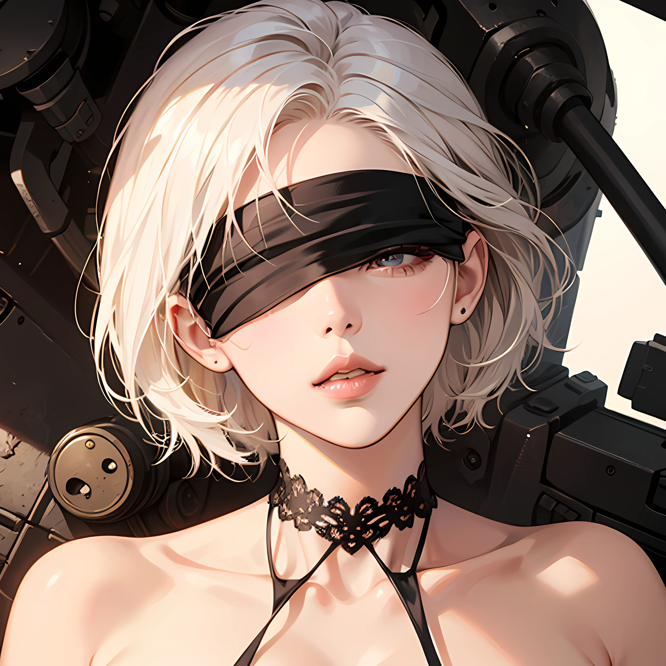 Woman with short white hair with a blindfold over her, with extremely detailed provocative lips. in a sensual pose with dynamic angle, bare neck, focus close to the face, factory with a lot of rust, extremely detailed anime style --auto