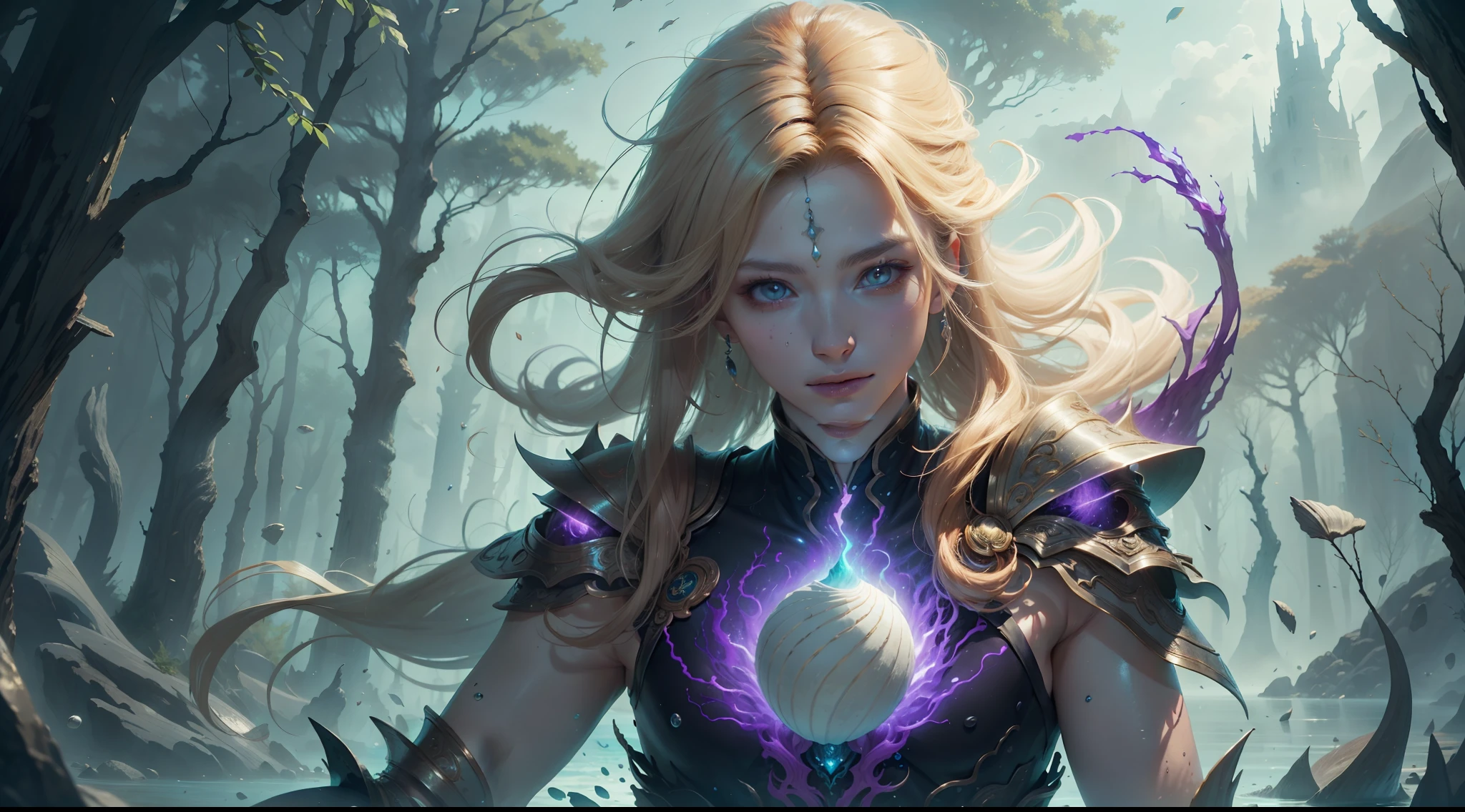 Multi-person interaction, intimate couple, beautiful composition, gorgeous underwater light, "1boy, (Sousuke Aozen), close-up, badass pose, bleach, powerful aura, purple aura", HD, unparalleled masterpiece, dynamic lighting, movie, epic, and "1girl, (dynamic pose), confident powerful mysterious smile, beautiful blonde, (perfect facial features)", (Enchanted Forest: 1.3), (Magic Glow: 1.2), Elegant Atmosphere, (Secluded Beach: 0.8), (Seashell: 0.9), (Flawless Skin: 1.2), breathtaking details. (Masterpiece, best quality: 1.2),