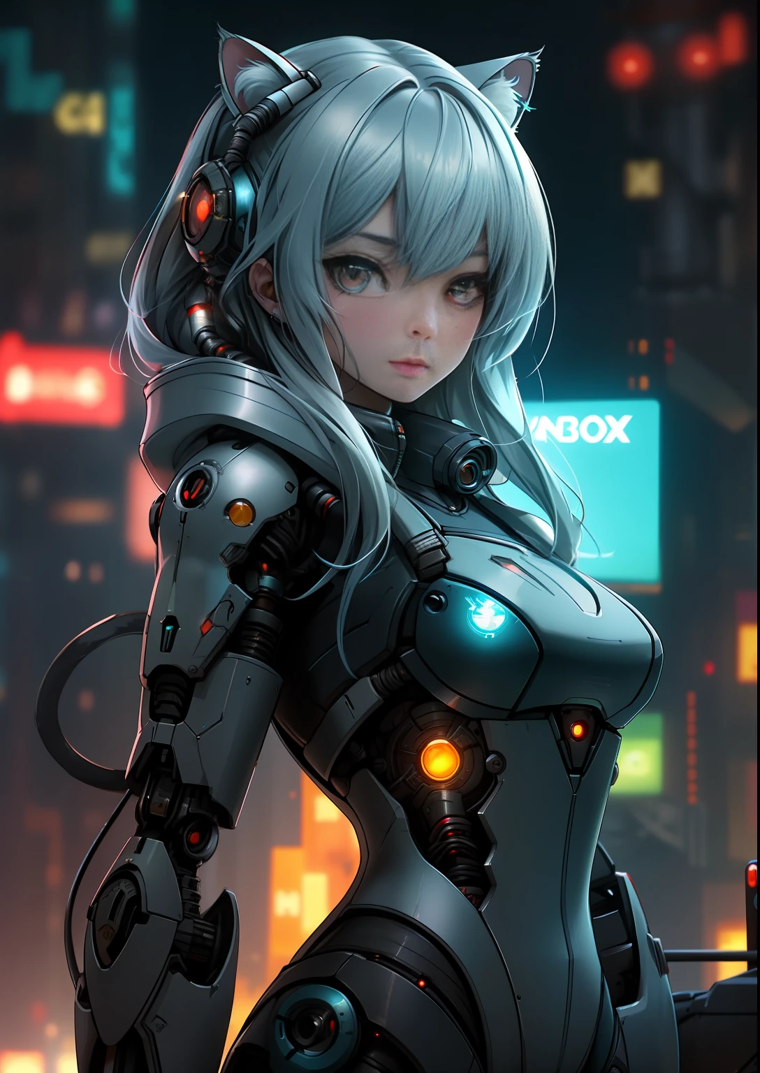 A cute kitten made of metal, robot, cyberpunk style, ((intricate details)), hdr, ((intricate details, super detailed)), cinematic footage, vignette