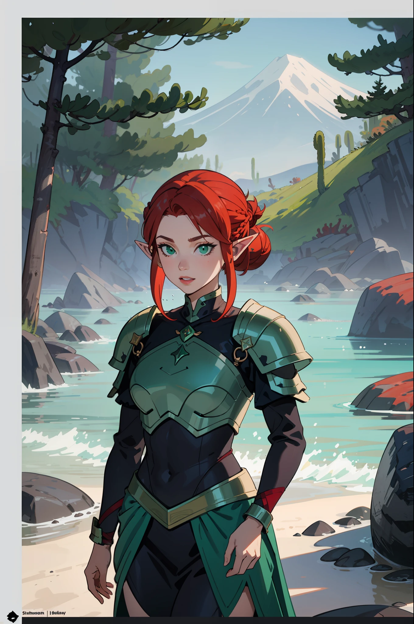 (masterpiece, best_quality, ultra-detailed, immaculate: 1.3), epic, illustration, elf mountain desert warrior lord, armor, dark hair, ((red hair)), very long hair, in the deep ocean, in a lush spring forest, bombshell hair, bright slate gray hair with green sea highlights, Bob Flapper, hair bun