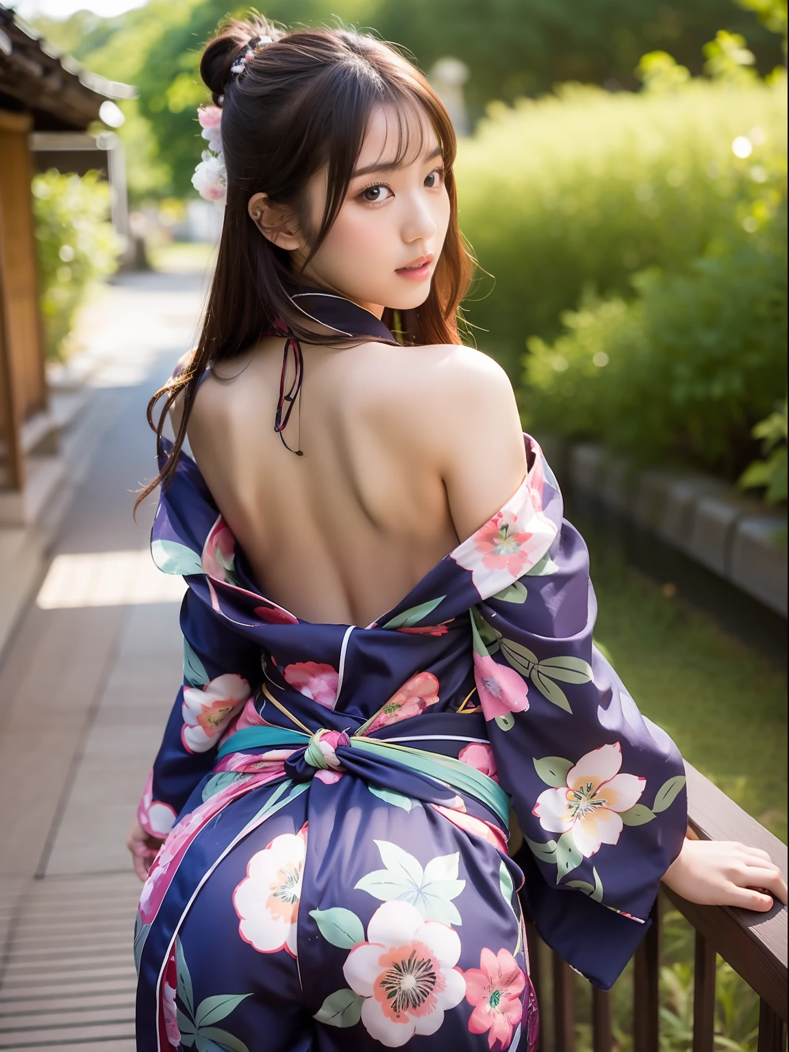 Yukata, Japan summer, beautiful girl, yukata flipped up and buttocks can be seen