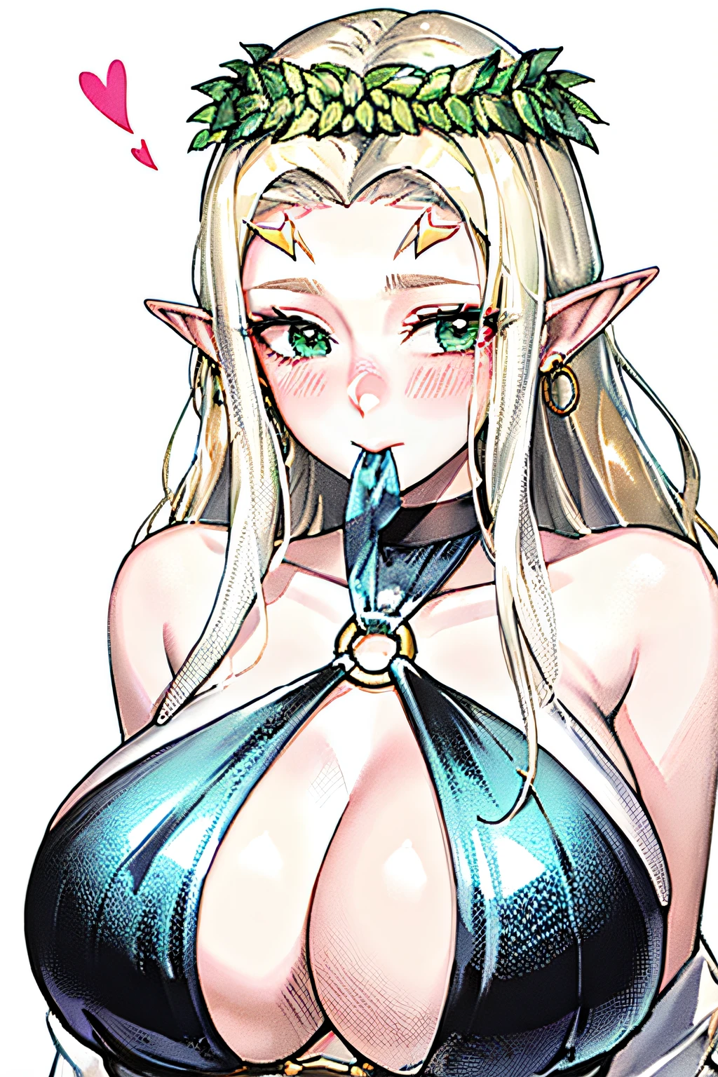 1 girl, bare shoulders, blonde hair, eyes heart, blush, breasts, circlet, cleavage, mouth closed, dress, elf, green eyes, wreath on the head, huge, laurel crown, long hair, looking viewer, O-ring, O-ring top, pointed ears, simple background, solo, upper body, white background, black nightgown, celestine lecruz, real, (glossy skin), (masterpiece: 1.4), (best quality:1.4)