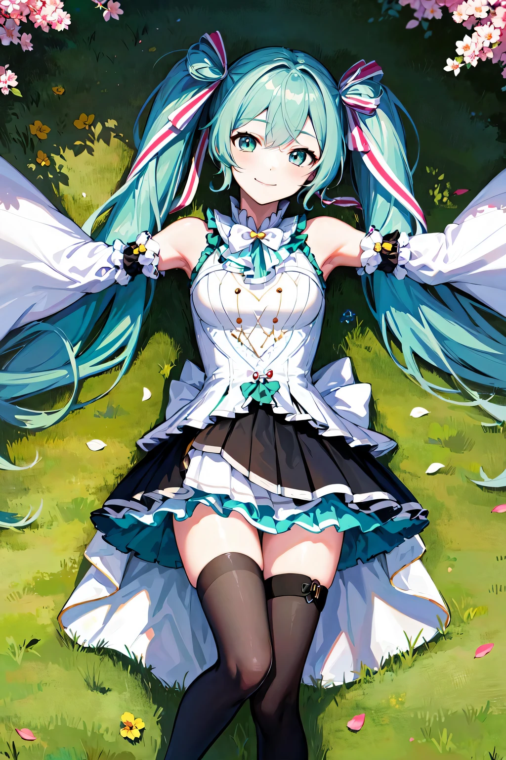 masterpiece, best quality, highres, gracemiku, detached sleeves, flower, grass, lying, spread arms, smile, from above,
