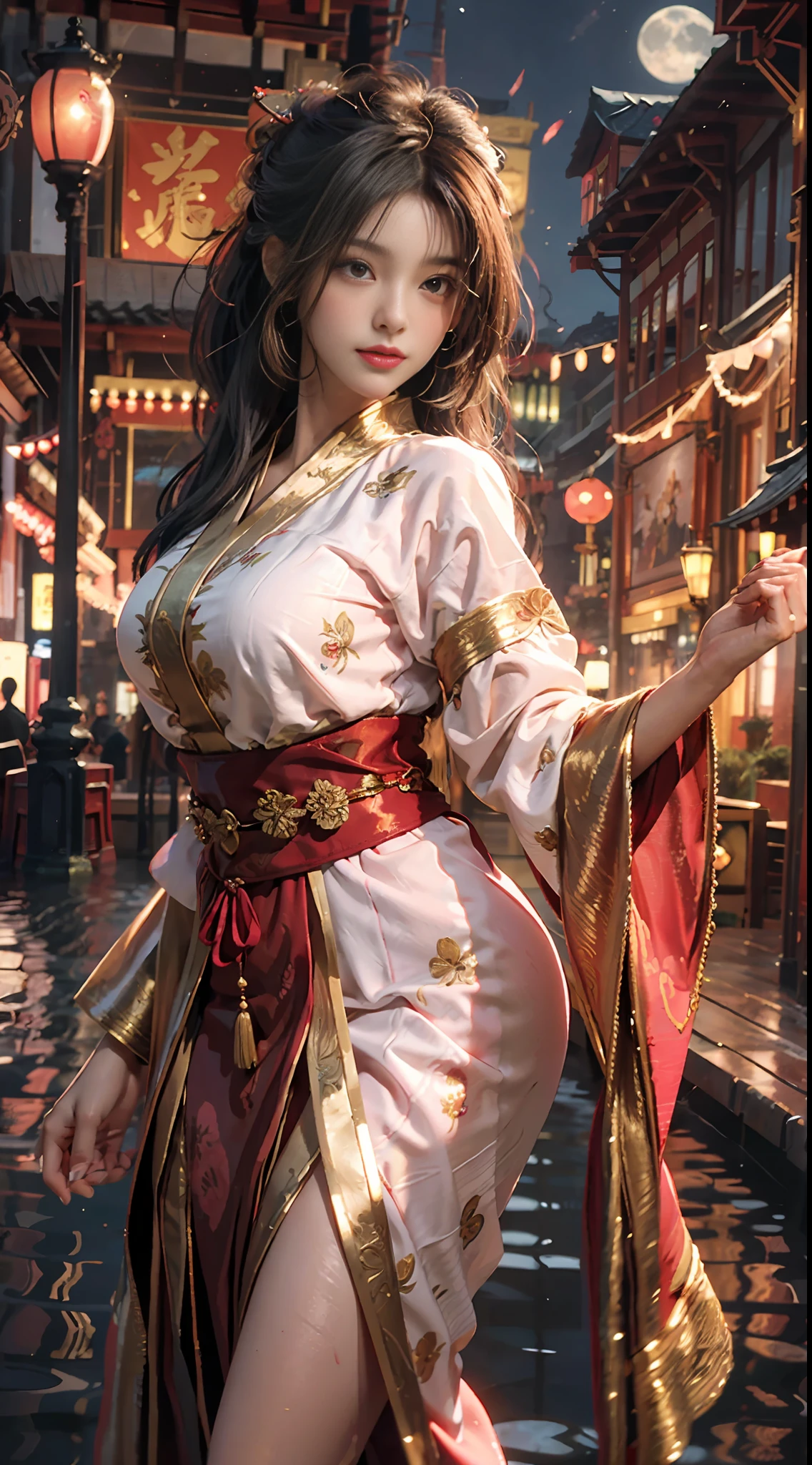 The art depicts a charming woman dressed in a flowing, silky traditional oriental dress, pink, decorated with intricate patterns and bright colors. Her dress drapes elegantly over her curvy figure, accentuating her seductive silhouette. She stands gracefully by the tranquil lotus lake, bathed in the soft glow of the moonlight.