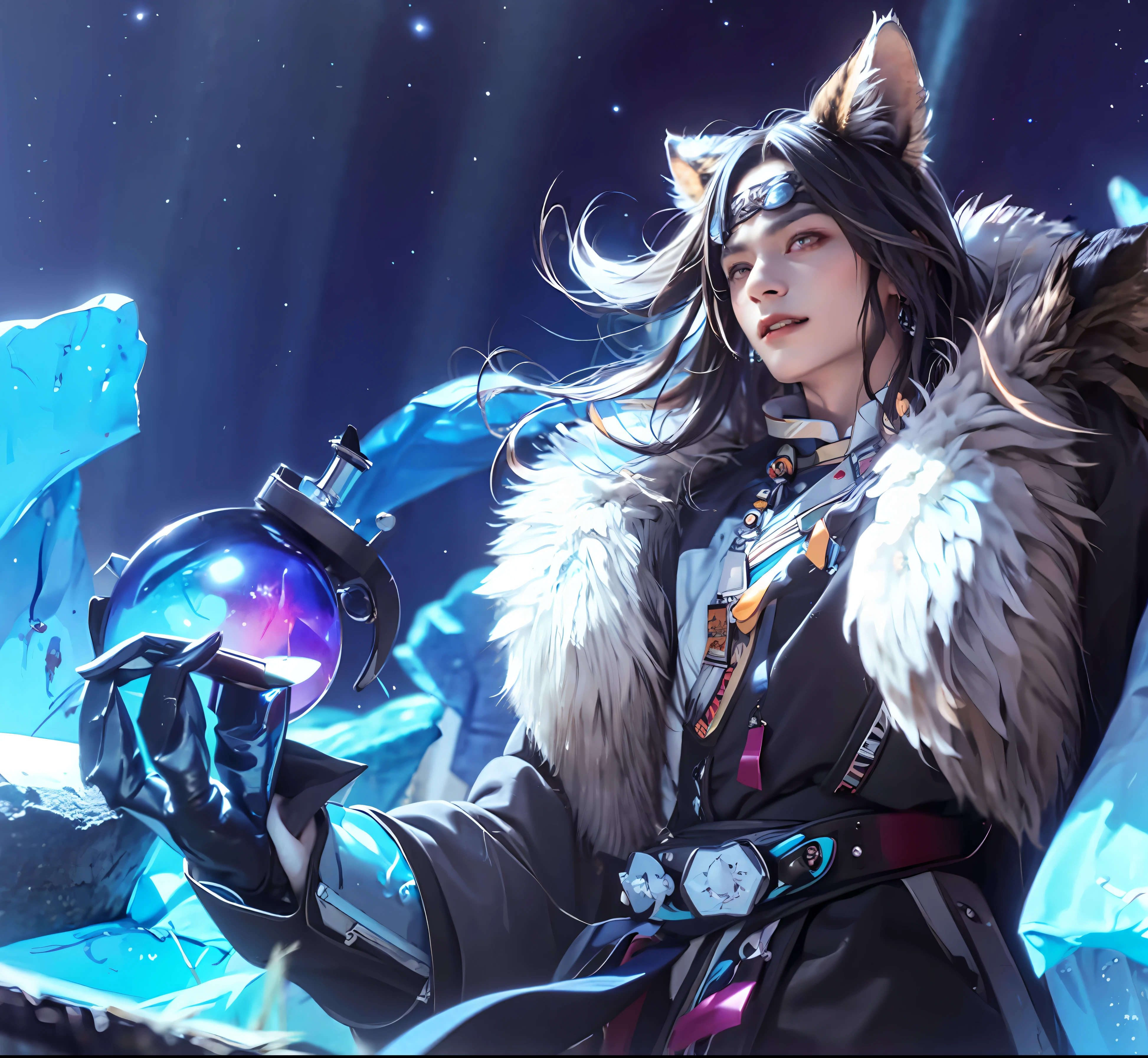 Masterpiece, elevation view, tiger teeth, (purple pupils), (pupils looking down), flowing hair, purple crystal ball, male focus, 1 boy, solo, wolf ears, long hair, depth of field, background blur, starry sky, blue aurora,