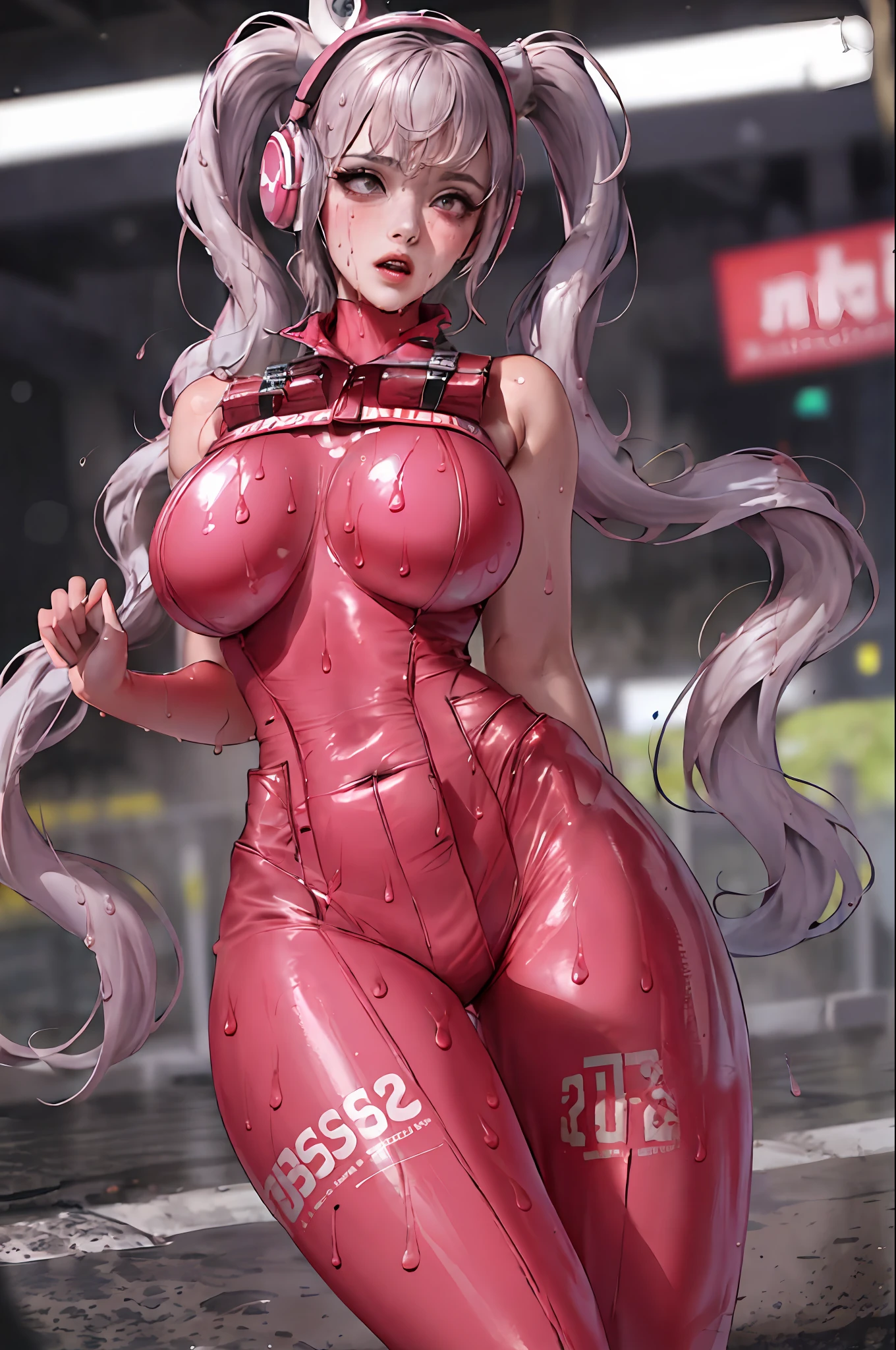 (Masterpiece: 1.2, Best Quality), Realism, (Real Pictures, Intricate Details, Depth of Field), (1girl, Solo), Makeup, Lips Apart, High Detail, (((Perfect Face))), (Huge Tits: 1.4), (Skindentation), ((Slender Legs)), Wide Buttocks, Thin Waist, Tall, Coral Lips, Long Hair, Dark Eyes, ((Beauty in Racing Suit, Short Tank Top, Slender Waist, Shorts, Slender Beautiful Legs, Stockings, Enchanting Figure)), (Sweating:1.2), (wet), sexy, blush, alice \(nikke\)
pink bodysuit
animal ear headphones
shiny clothes
twintails
latex bodysuit