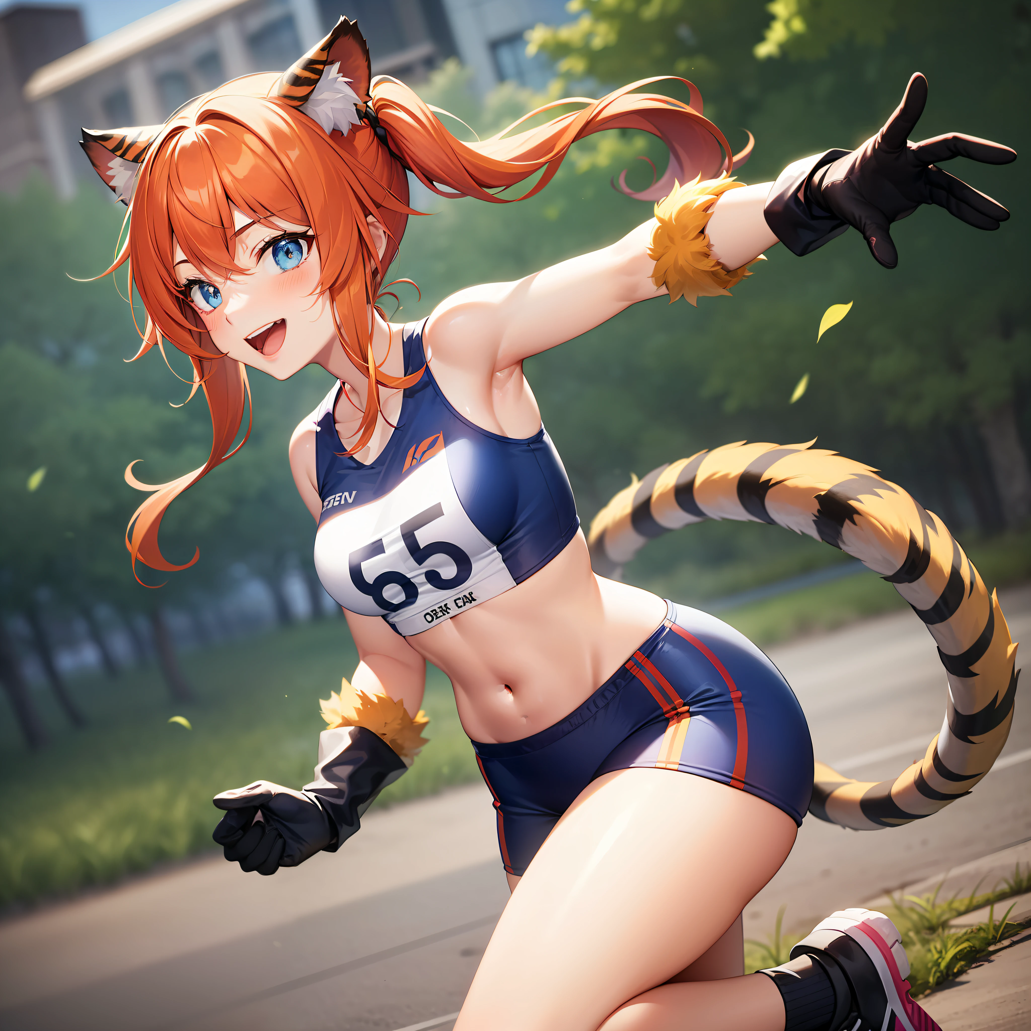 Half-tiger girl, 15 years old, Tiger ears and tail, blue feline eyes, Orange hair tied in two braids, athletic clothes, sportsman gloves, cheerful smile, running, fantastic style