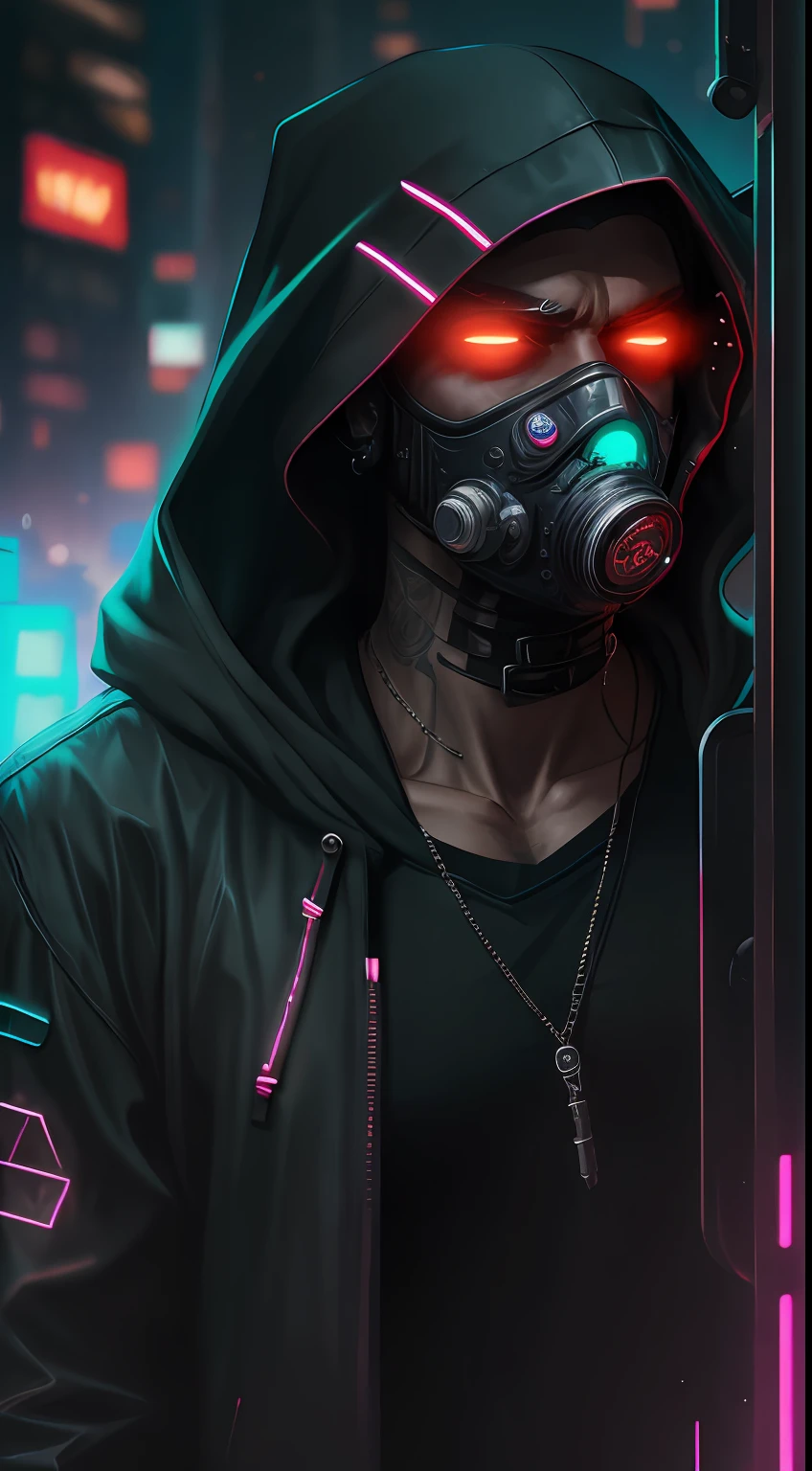 Hooded man, face mask, neon ring in background, cyberpunk art style, cyberpunk style, cyberpunk style, cyberpunk character, hyper-realistic cyberpunk style, cyberpunk color, powerful lighting, motion synchronization, dynamism, charged energy, hot action