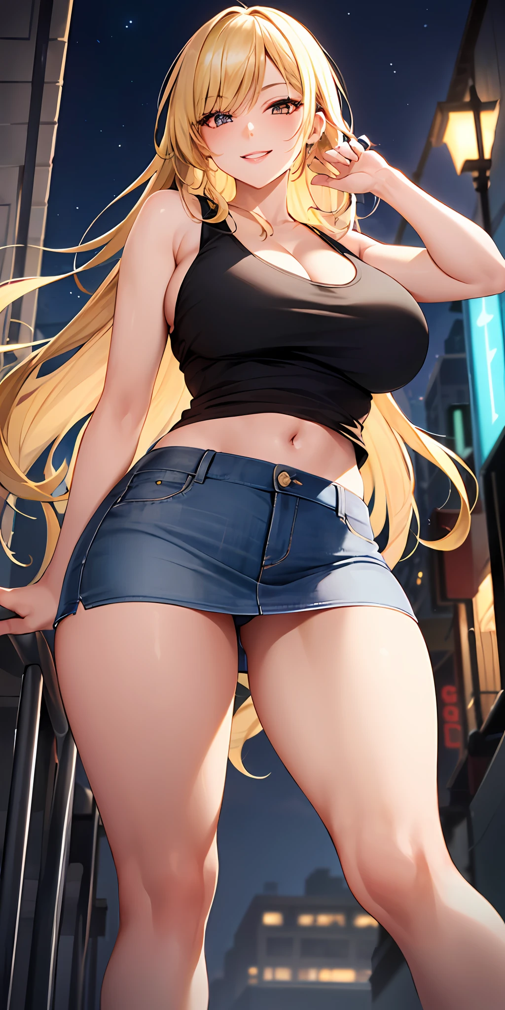 (Best quality:1.3), blonde long hair, smiling, lips, slit eyes, large breasts, thighs, tank top, tight miniskirt, thighs, eyeshadow, night street background, (from below view)
