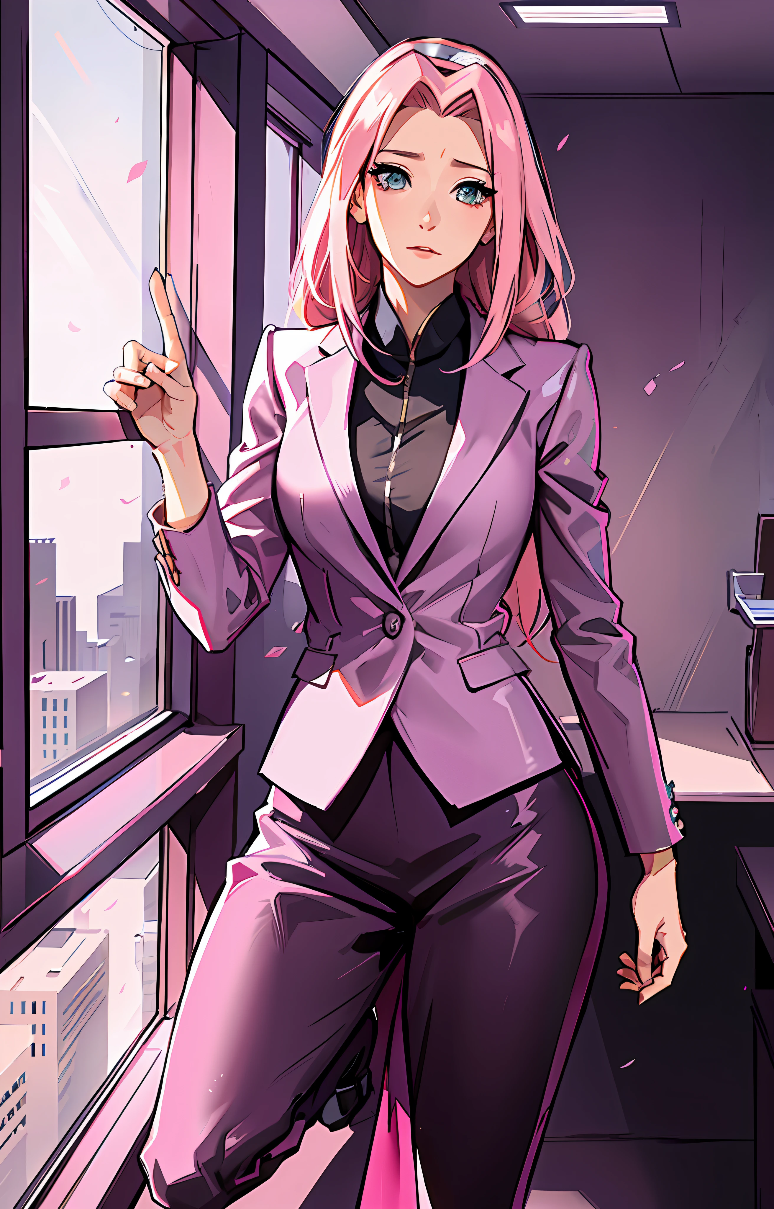 Sakura haruno, ((solo)), alone, ((forehead the show)), elegant,wearing a feminine suit, pink hair, delicate, young, long hair, detailed face, high definition, ((full body)), full body, ((serious)), in an office looking at the city outside the window, CEO, she is a beautiful woman of success, face with high quality,CEO, defined eyes, high definition, sharp, sharp features