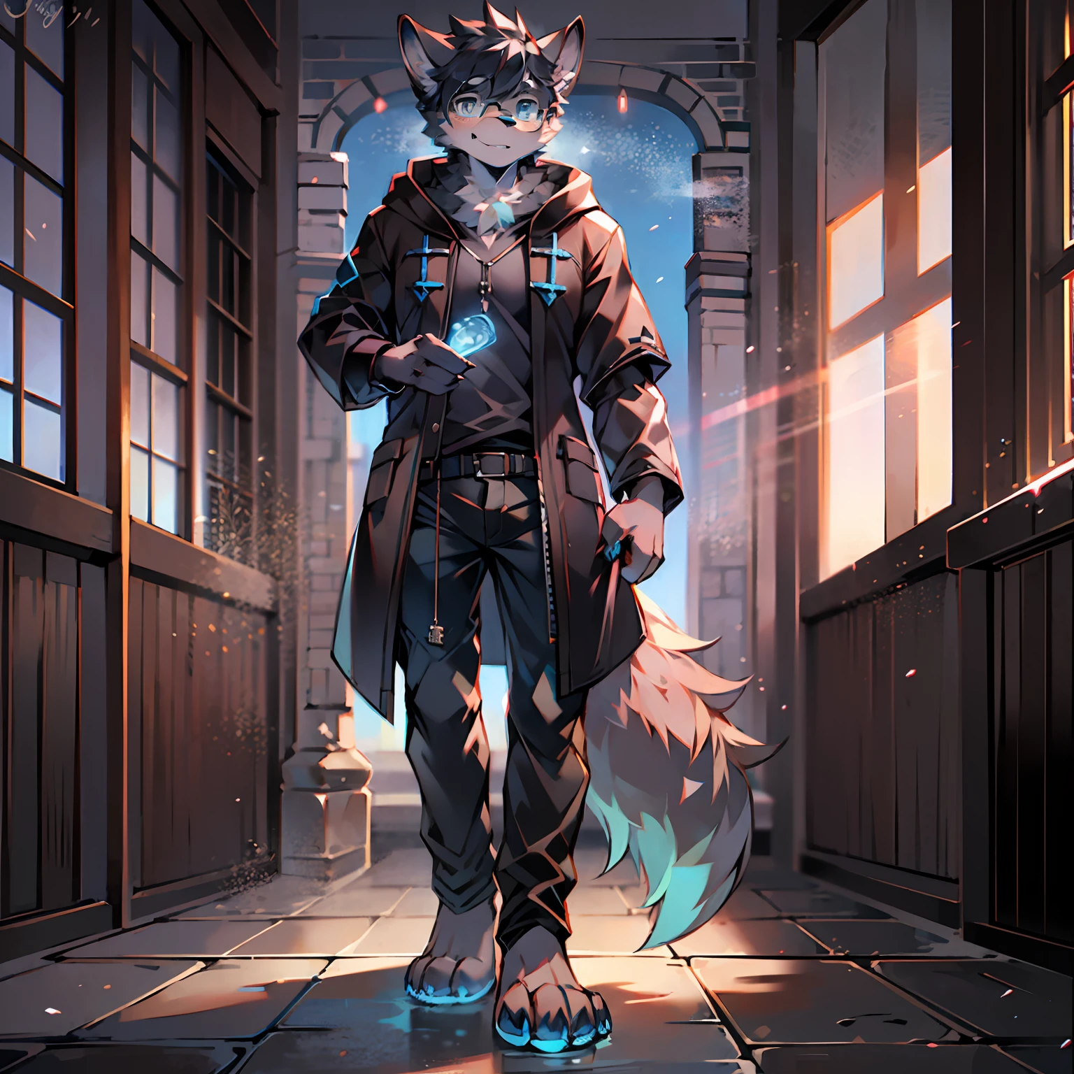 Single, furry male, furry, werewolf, canine, full-body, dark fur, black-gray fur, blue eyes, wearing glasses, blue runes, mage, black coat, short sleeves, long pants, short hair, standing