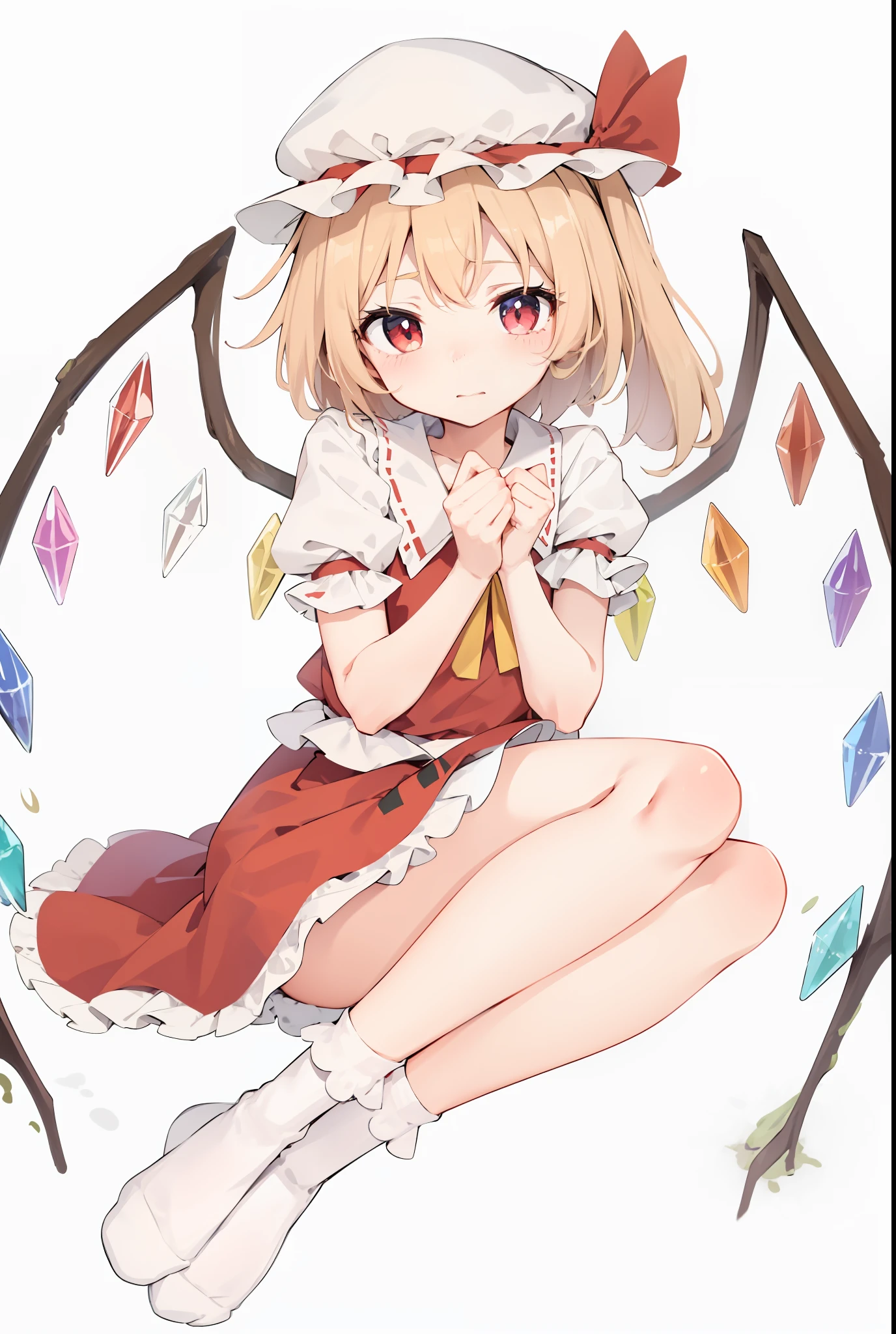 anime girl sitting on the ground with a red dress and a white hat, from touhou, touhou character, loli in dress, touhou, small loli girl, portrait of magical girl, loli, cute anime girl, splash art anime loli, cute anime, rei hiroe, sakura kinomoto, small curvy loli, (anime girl)