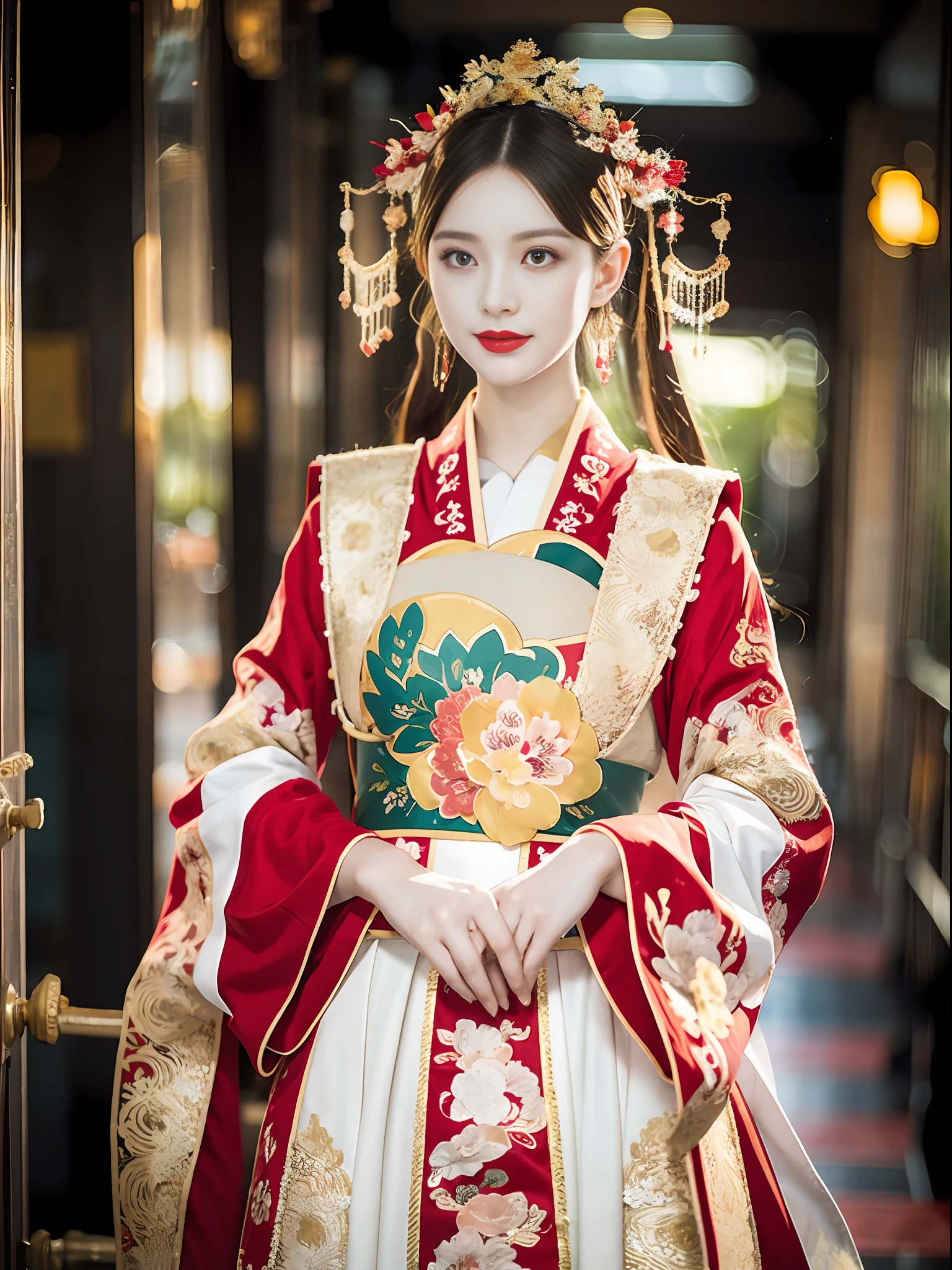 (8k), super realistic, high detail, ((full body woman in hanfu)), (shut up), beautiful headdress, gorgeous brunet, goddess, delicate hanfu, sexy girl, beautiful face, magnificent view, provocative, very atmospheric, charming, large, noble costume, stand out in hanfu, see-through, golden ratio, masterpiece, professional lighting, auto white balance, best composition,