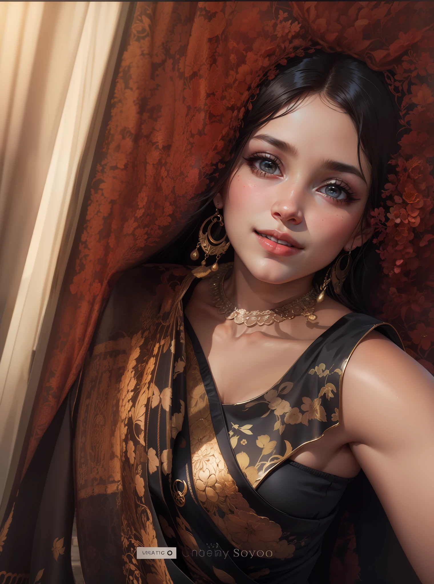 (Ultra Realistic), (Illustration), (Increased Resolution), (8K), (Extremely Detailed), (Best Illustration), (Beautiful and Detailed Eyes), (Best Quality), (Ultra Detailed), (Masterpiece ), ( wallpaper), (detailed face), solo, 1 girl, looking at viewer, fine details, detailed face, in the dark, deep shadows, low key, pureerosfaceace_v1, smiling, long hair, black shawl straight hair , 46 points oblique bangs