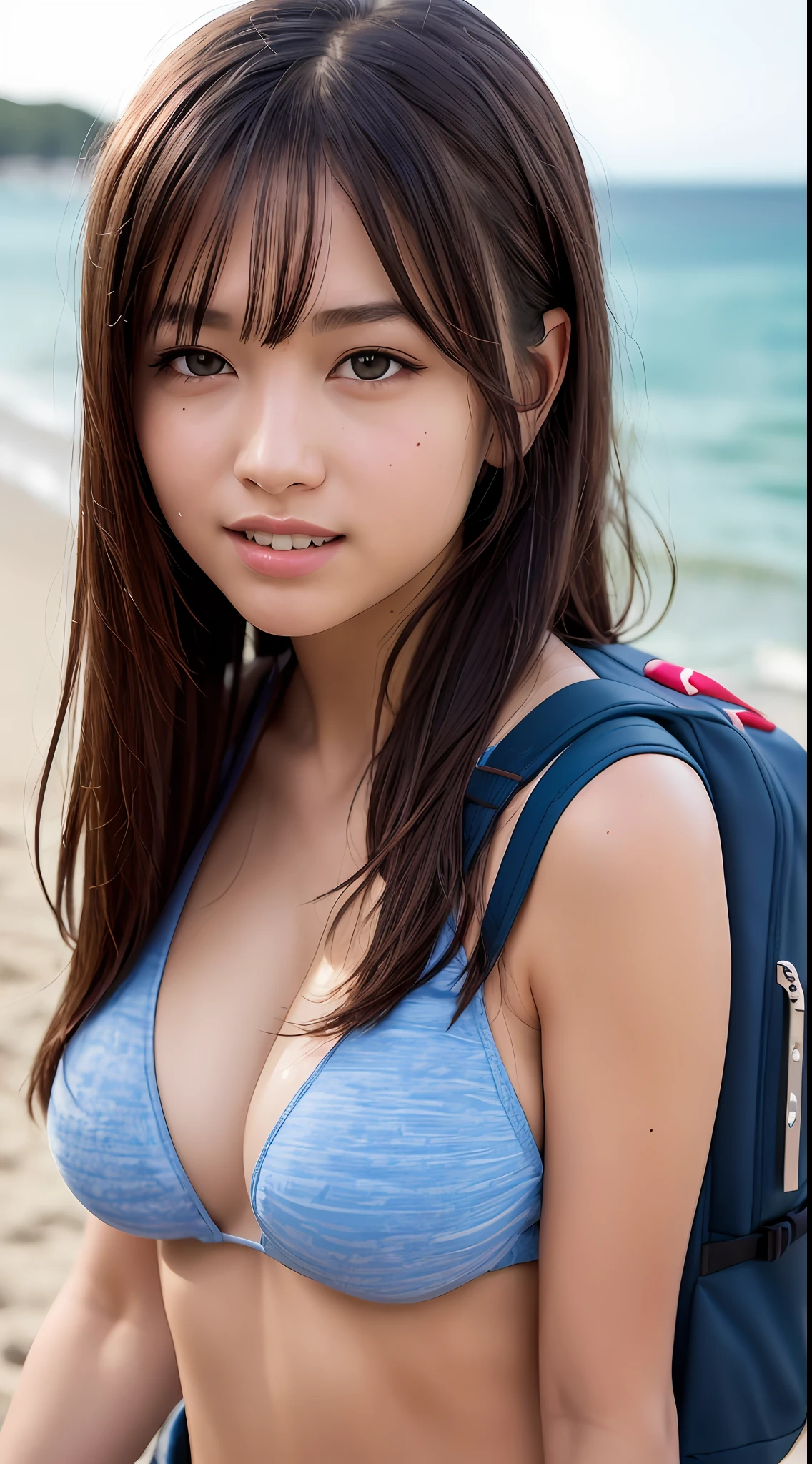 (8k, RAW Photos, Best Quality, High Resolution: 1.1), (Ultra Realistic: 1.4), (Realistic, Photorealistic: 1.3), Soft Light, Big Girl, Realistic Face, Realistic Body, Realistic Skin, , Absurd, Masterpiece, (Cute: 1.8), Cuties, Solo, (Large: 1.2), Detailed Black Eyes, Innocent Eyes, Cheeks, (Bikini: 1.2), Cinema Light, Film Grain, ((Rucksack: 1.1)), Cherry Colored Lips, Close-up, Look Viewer, Upper Body, Open Lips, Upper Teeth, (Smiling Eyes: 0.6), ((grinning: 1.2)), Depth of Field, Blurred Background, Eye Focus, Bokeh, Summer, Sea, Blue Sky, 85mm Lens, f/1.4, Professional Lighting, Young, Portrait, Photon Mapping, Radiosity, Physically Based Rendering