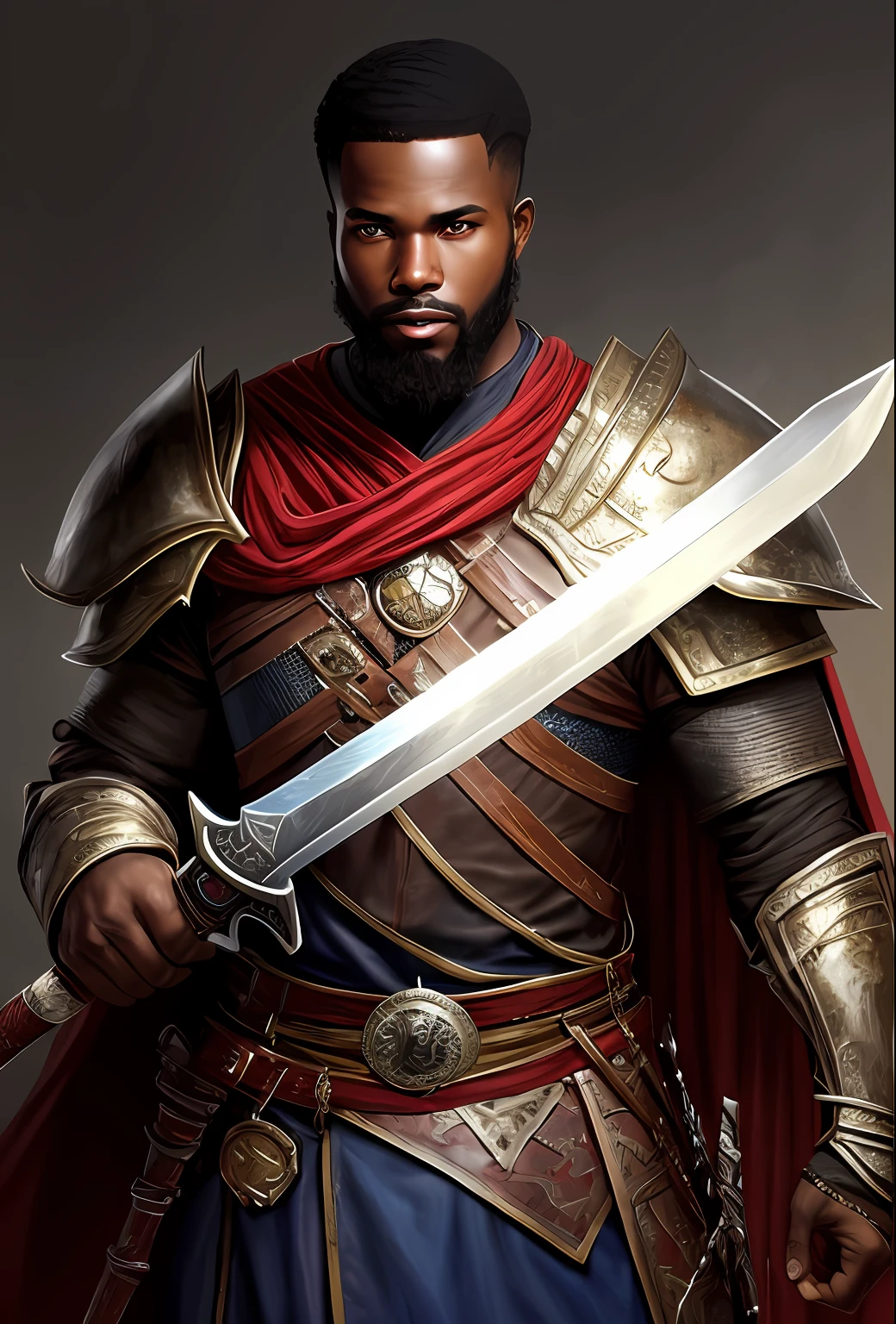 African man with short beard, epic rpg portrait, fantasy male portrait, rpg portrait concept art, male warrior, fantasy concept art portrait, epic portrait illustration, detailed character portrait, one human warrior, big black armor with details red, full armor, blue eyes, short hair, brown hair, dungeons and dragons character, detailed hands, cape holding a sword, sword