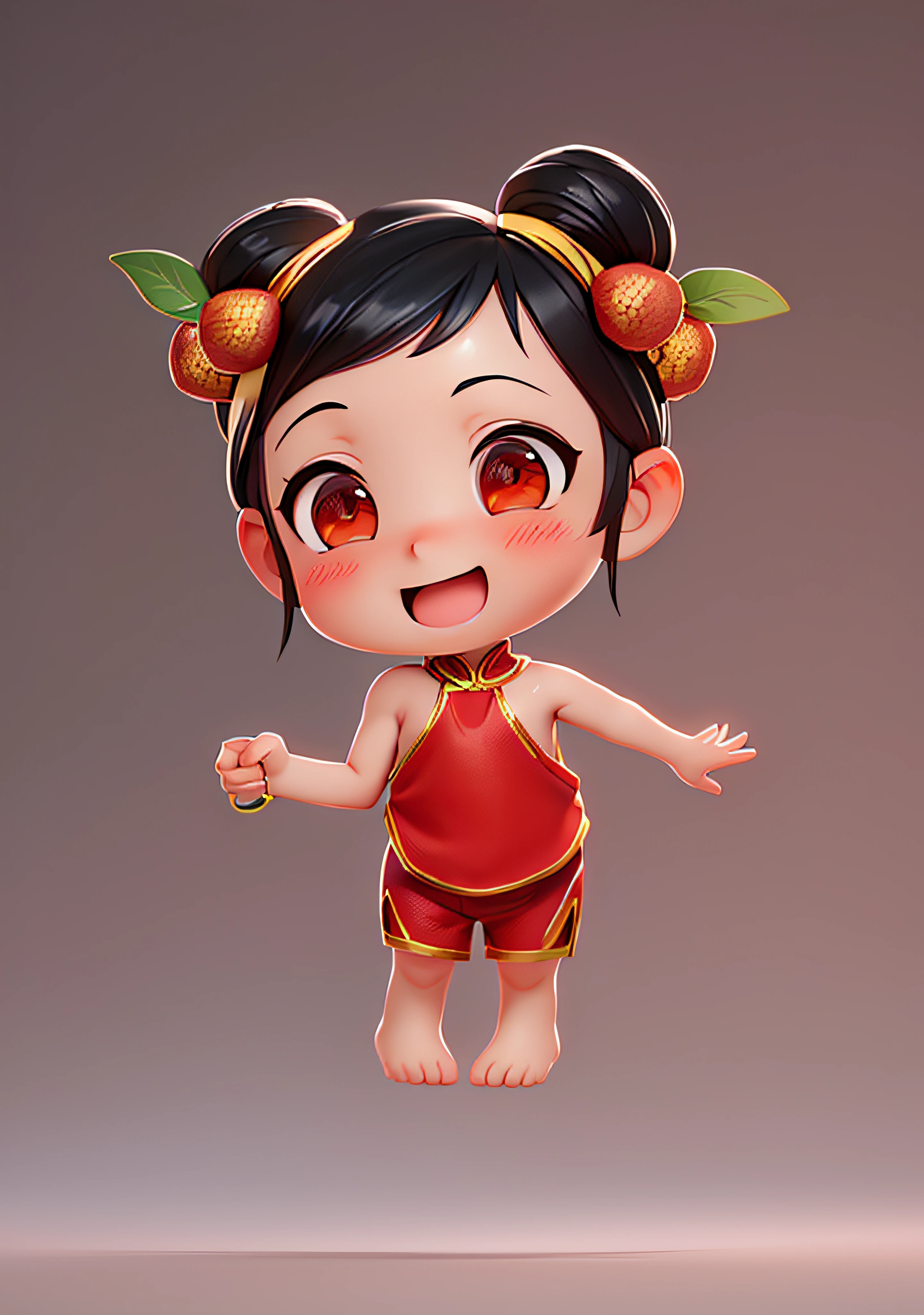 (Masterpiece: 1.3), (Best Quality: 1.3), (Masterpiece: 1.3), (Best Quality: 1.3), (8k wallpaper), (Ultra High Resolution), Full Body, (Bicephal: 2), (Natural Skin Texture), (Beautiful and Beautiful), (Very Detailed CG, Intricate Details), White Background, (White Background: 1.5), pixar, 3D, C4D, blender, 1 Girl, cute, happy face, black hair, solo, chibi, hair ornament, .chibi, (lychee: 0.5), (Double Lychee: 0.2), (Chinese Style: 1.5), Hanfu, (Red Bib), (Red Shorts), Painted Gold Rim, Sleeveless, Barefoot, Holding Leaves, Three-dimensional