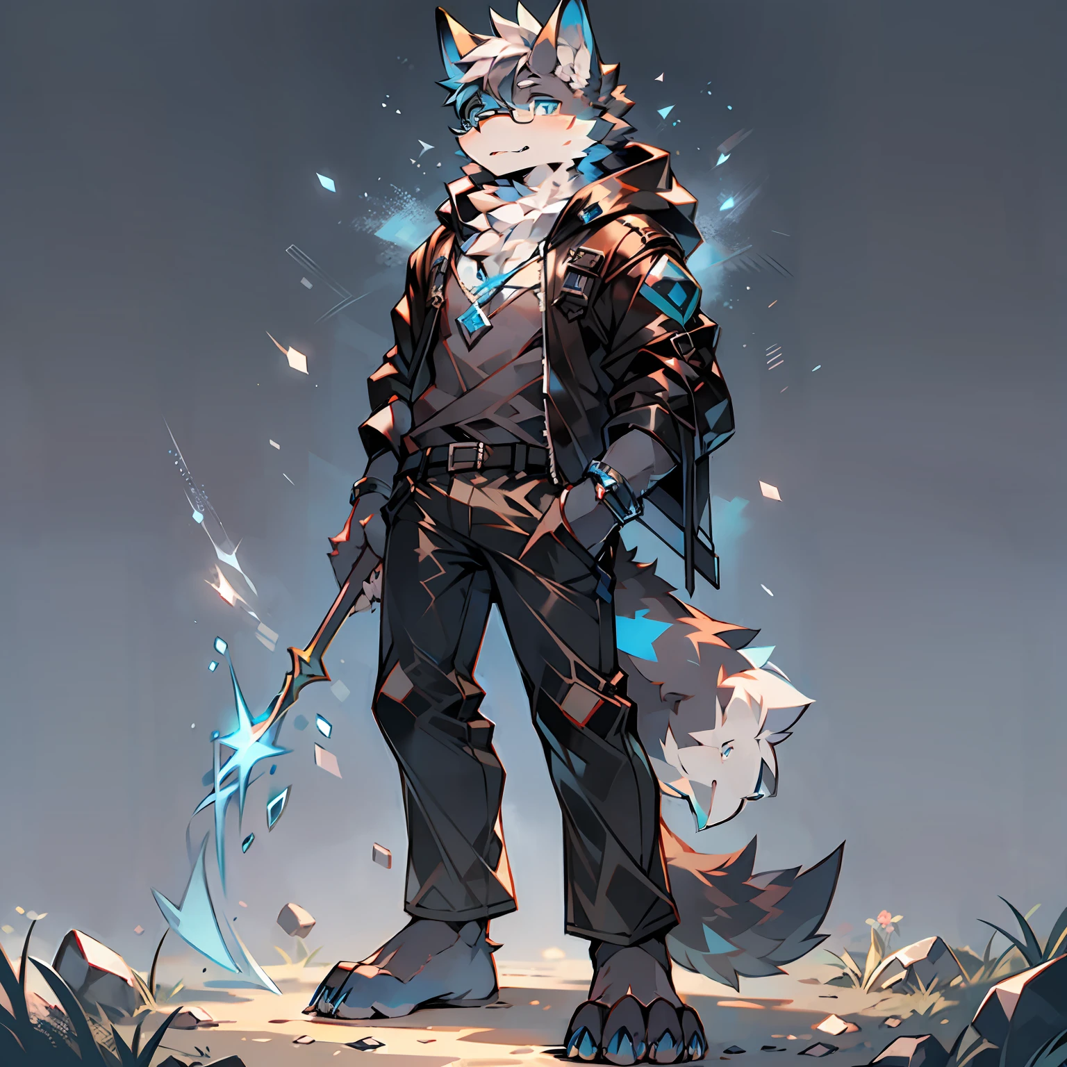 Single, furry male, furry, werewolf, canine, full-body, dark fur, black-gray fur, blue eyes, wearing glasses, blue runes, mage, black coat, short sleeves, long pants, short hair, standing